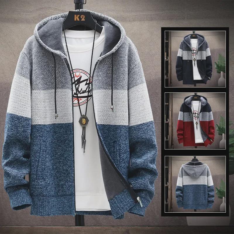 VantaGoods Heren losse gebreide cardigan trui met capuchon - Plus Size, Dik fluweel, Lente/Herfstkleding L wijnrode kleur
