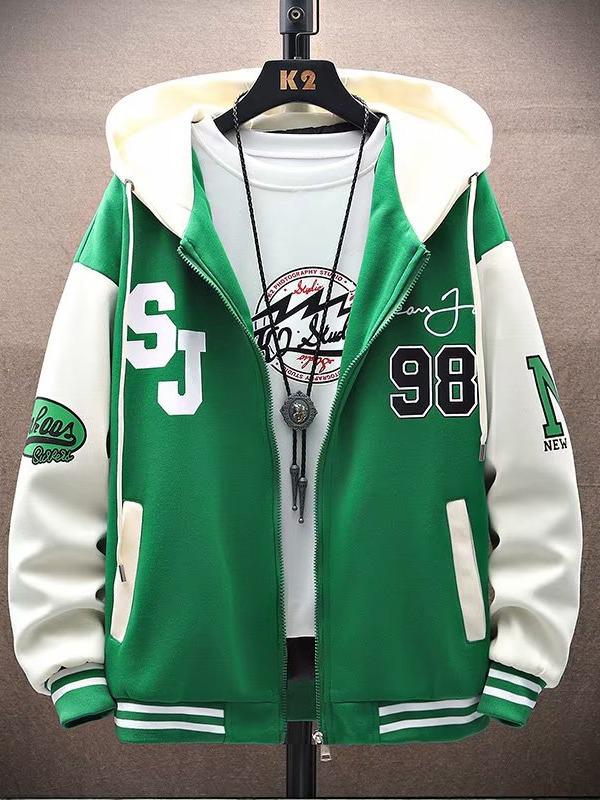 VantaGoods 2023 Herfst Jeugd Color Block Capuchon Rits Cardigan voor Junior High School Studenten - Heren Dunne Jas Trui Extra Large (XL) groen