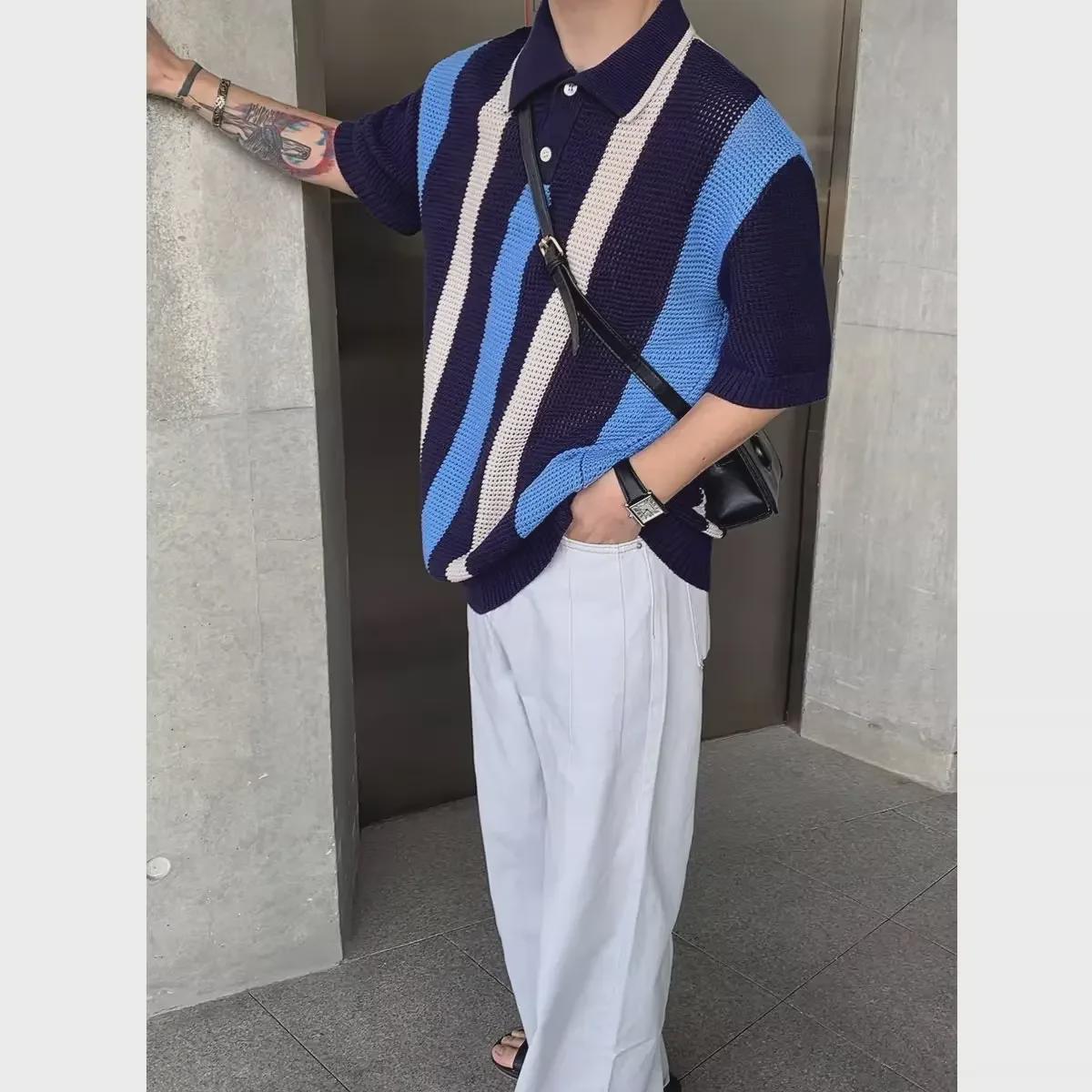 VantaGoods 2024 Ademende Hollow Stripe Knit Polo - Koreaanse stijl, Heren korte mouwen, Lente/zomercollectie Small abrikoos