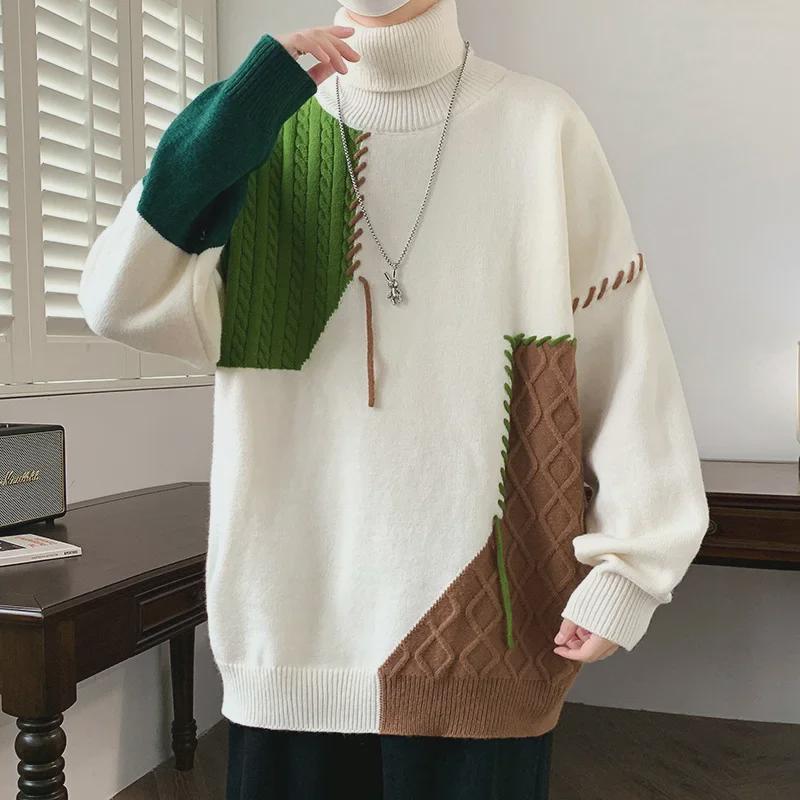 VantaGoods Heren 2004 Herfst/Winter Contrast Turtleneck Trui - American Fashion, Losse pasvorm, Grote maat, All-Match XXXL groen