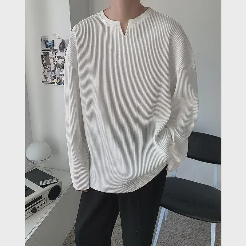 VantaGoods Trendy geplooid wit V-hals T-shirt met lange mouwen voor heren XL zwart