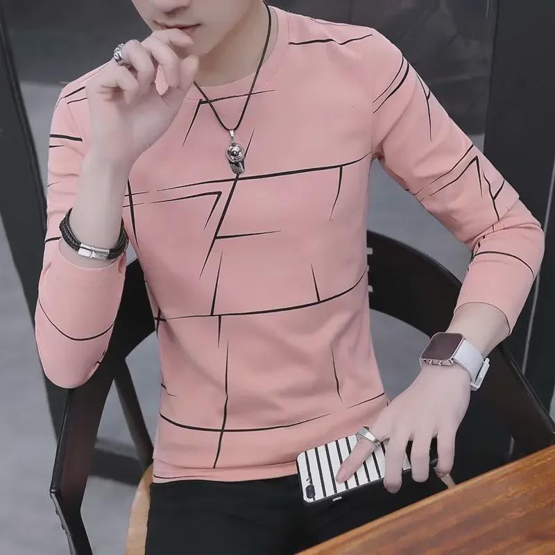 VantaGoods Heren Koreaans Slim Fit Gestreept T-shirt met Lange Mouwen en Ronde Hals voor de Herfst M roze