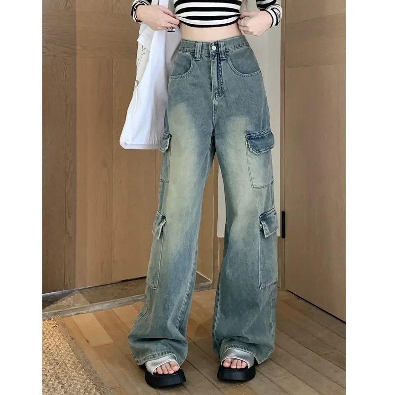VantaGoods Dames High-Waist Retro Jeans - Herfst Slim, Cool, Losse, Rechte, Wijde Broek L