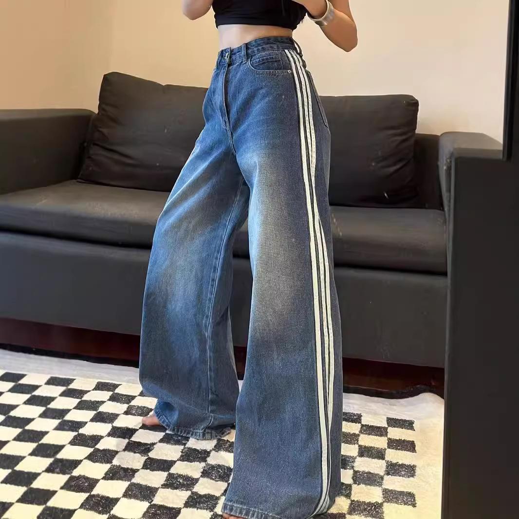 VantaGoods 2024 Dames Blauwe Gewassen Distressed Retro Jeans met Drievoudige Strepen, Grote Maten Rechte Broek voor Herfst en Winter. 2XL blauw