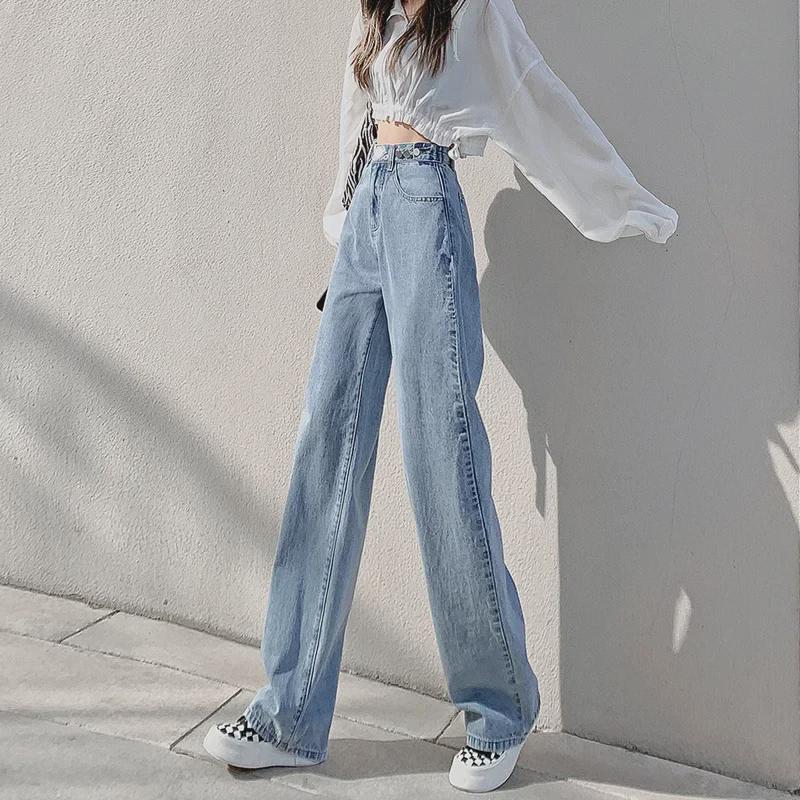 VantaGoods Dames 863 High Waist Straight Leg Jeans - Lente 2022, Lichte wassing, Slim-Fit, Wijde pijpen lichtblauwe kleur