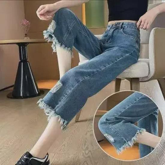 VantaGoods Dames High-Waisted Ripped Jeans, Lente/Zomer 2024: Los, kwastje, wijde pijpen, 9-punts lengte M donkerblauwe kleur