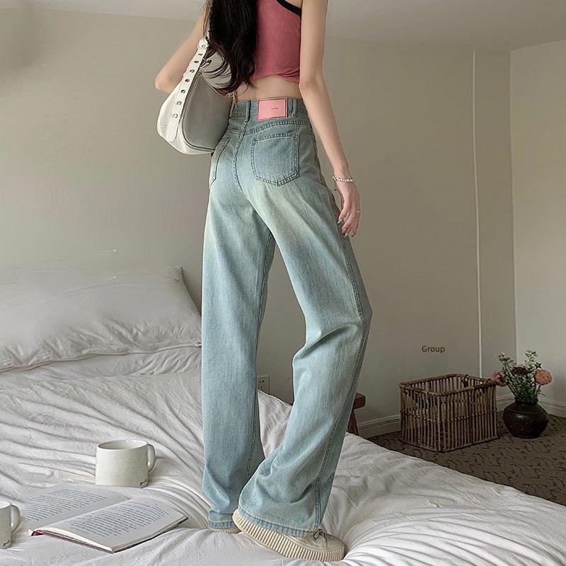 VantaGoods Dames Plus Size Roze Leren High-Waisted Wide-Leg Jeans - Modieuze Loose-Fit Rechte Broek S lichtblauwe kleur