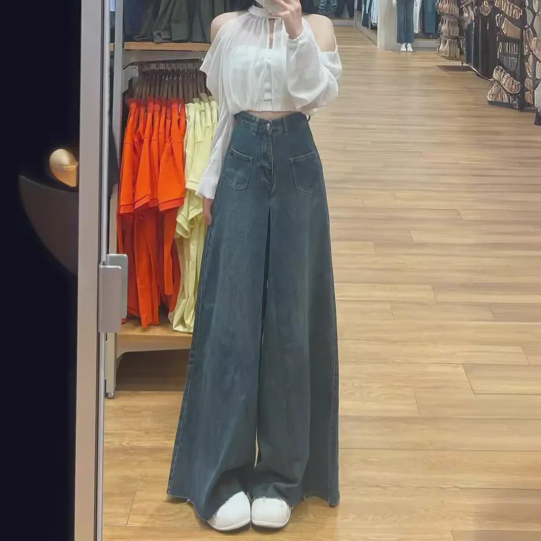 VantaGoods Zomer Retro High-Waist Wijde Peervormige Jeans voor Dames - Slanke, Losse, Vloerlange Broek 2XL