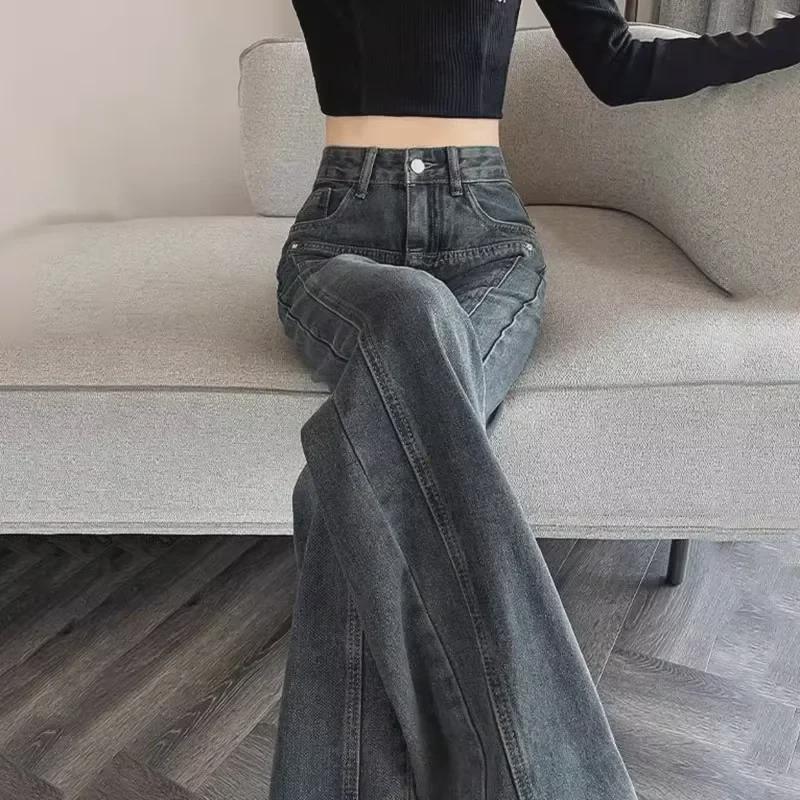 VantaGoods Peervormige, high-waist, wijde pijpen jeans voor dames - cementgrijs, gewassen, nostalgische stijl, tot op de grond. M