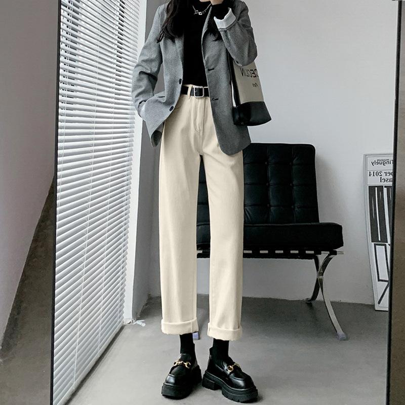 Qiu Yi Lente en herfst damesjeans Hoge taille, rechte losse broek met wijde pijpen, broeken, denimjeans S beige