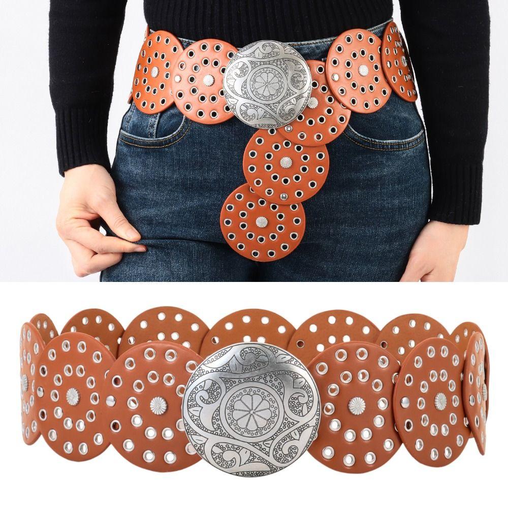 Chaomiao Overdreven Cowboy Hollow Belt Y2K Wide Disc Belt Cowboy Wide Disc Belt Disc Belt voor dames Brown Red-B
