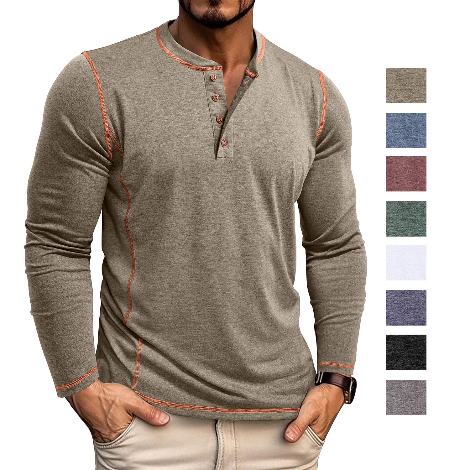 Bright Deer Heren Henley-shirts Lange mouwen Truien Tops met vier knopen Herfst Winter Lente T-shirts Vakantie Thuis Casual Wear S kaki