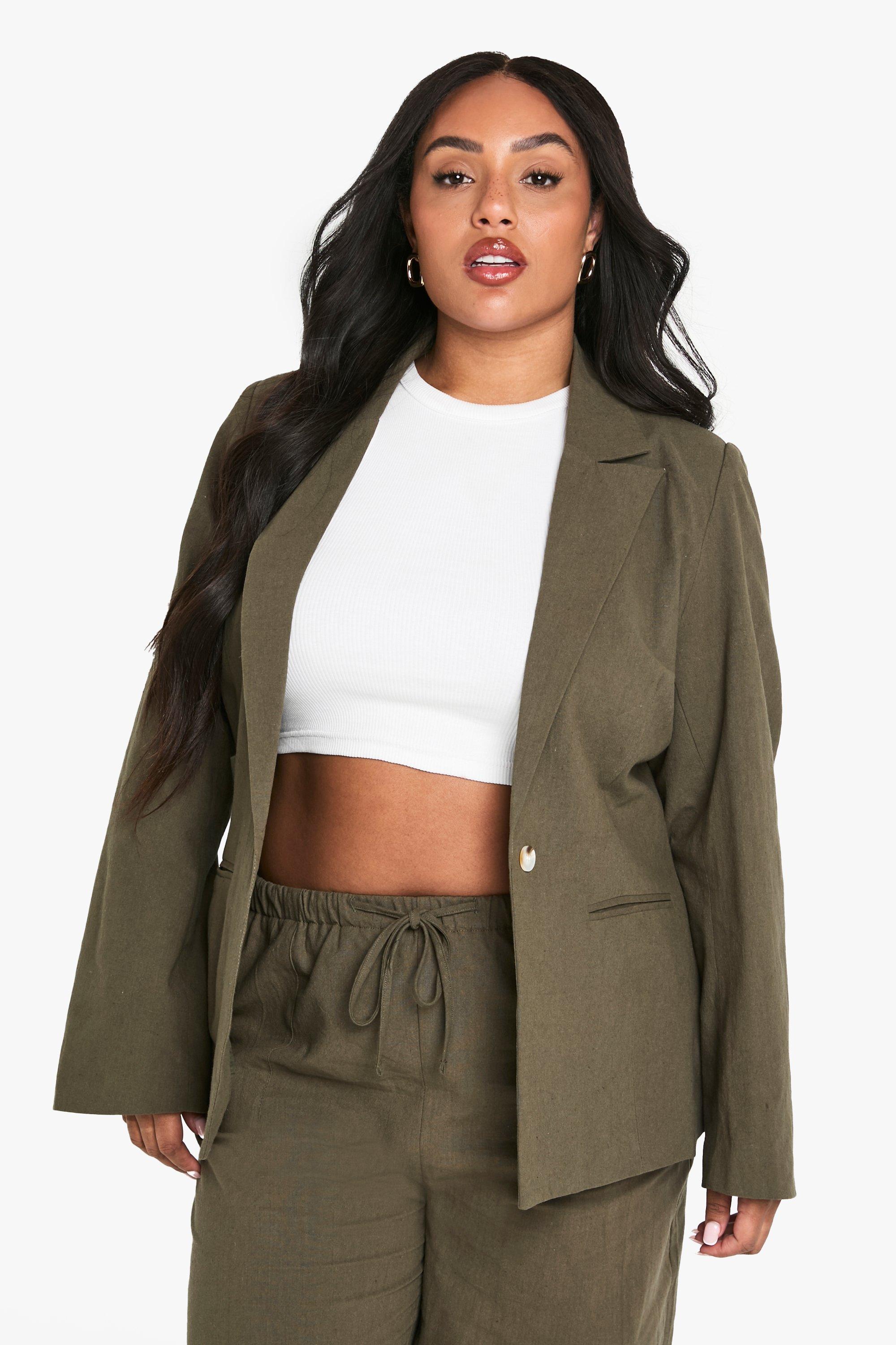 Boohoo Plus Linnen Look Blazer Met Textuur En Enkele Rij Knopen, Khaki