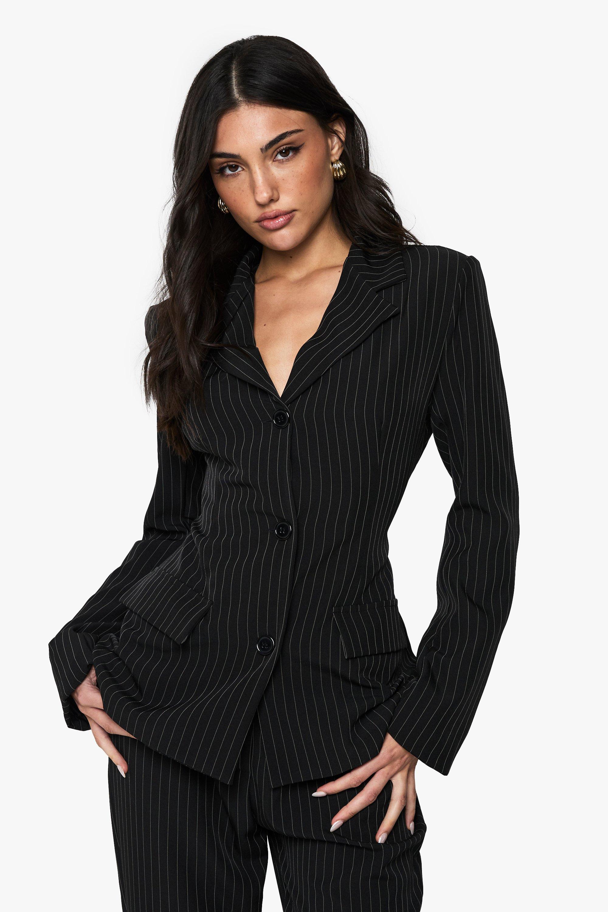 Boohoo Getailleerde Blazer Met Krijtstrepen En Structuur, Black