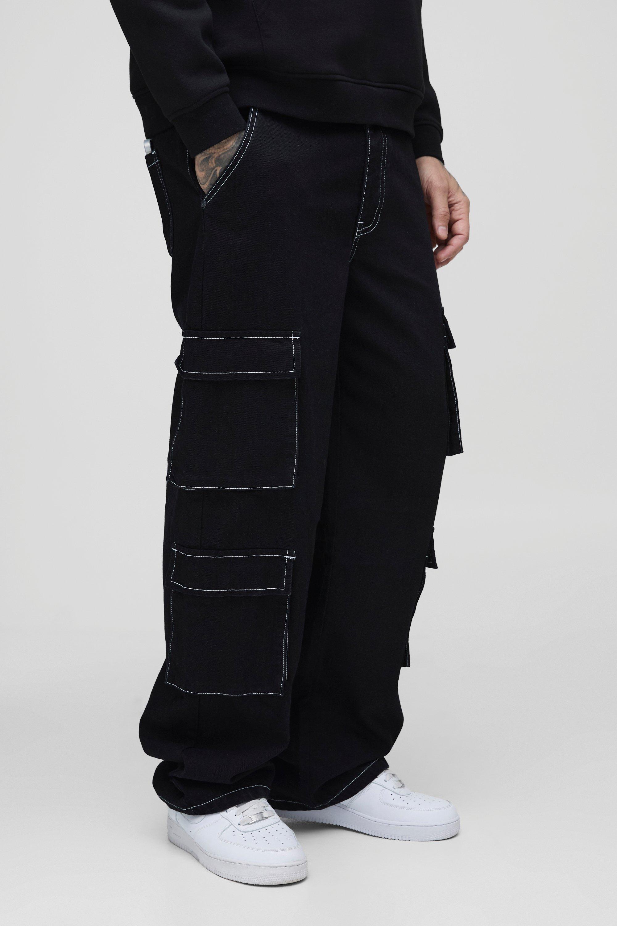 Boohoo Tall Onbewerkte Baggy Cargo Jeans Met Contrasterende Stiksels, True Black