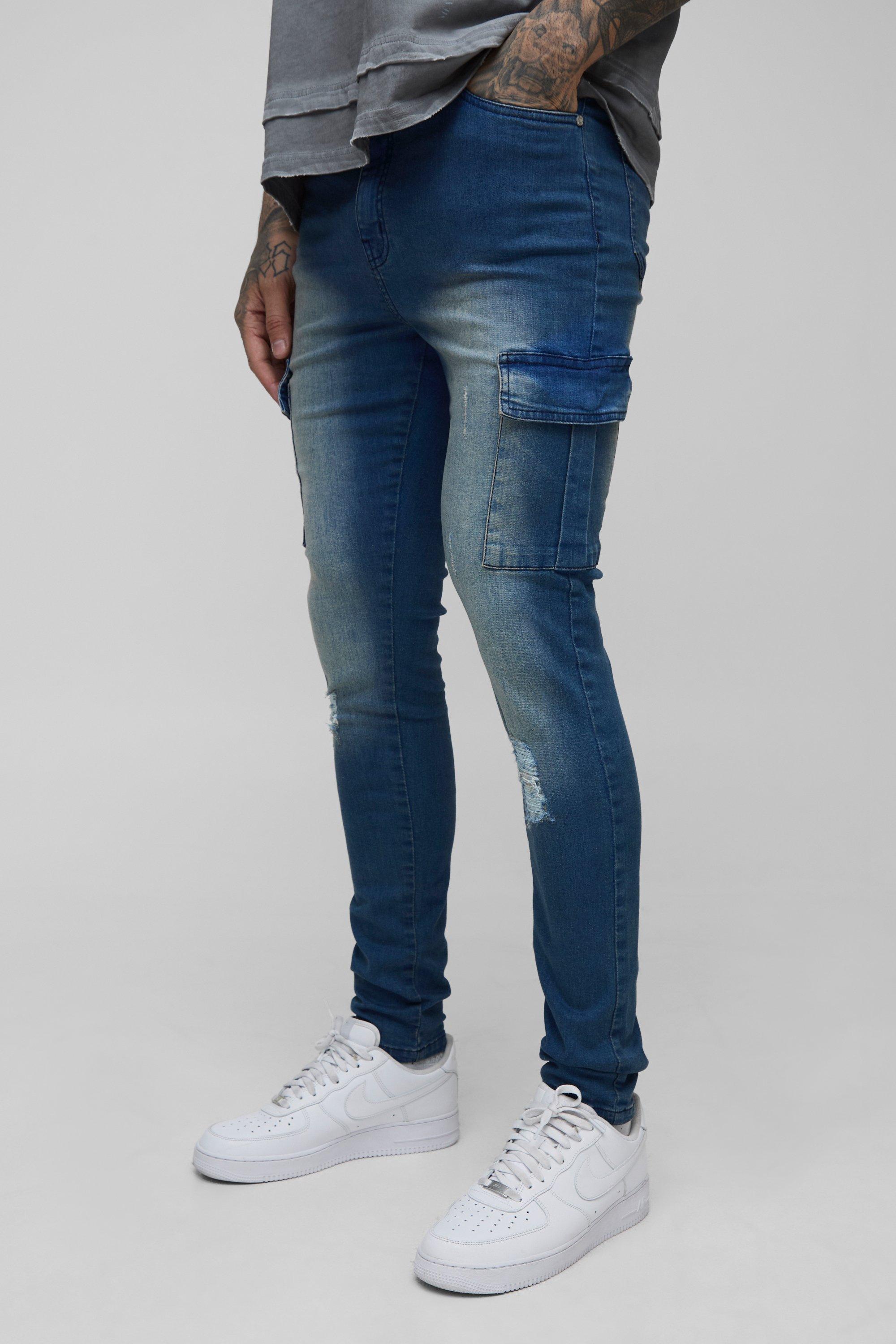 Boohoo Tall Versleten Super Skinny Fit Cargo Jeans, Vintage Blue
