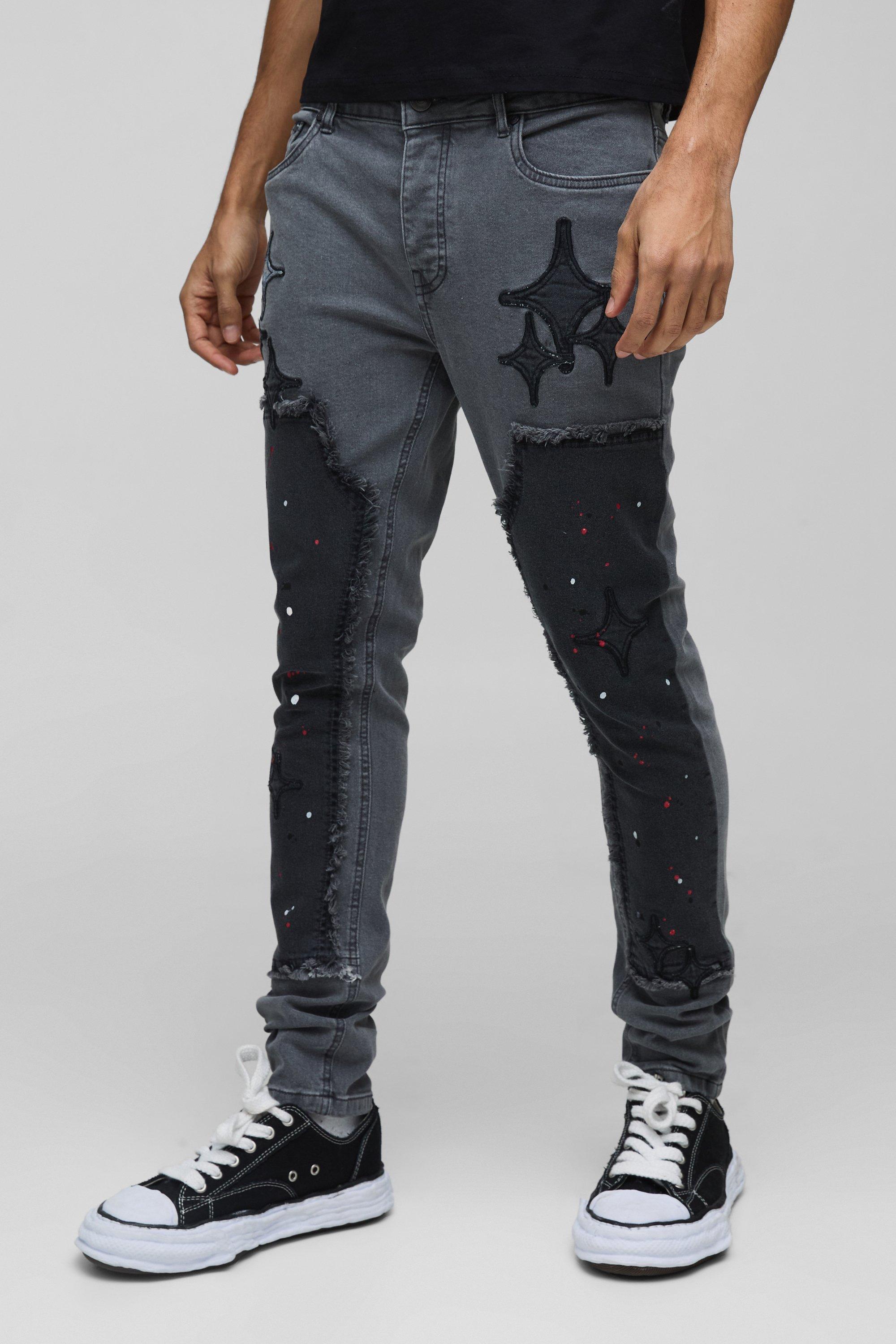 Boohoo Skinny Fit Carpenter Star Jeans Met Verfspetters, Mid Grey