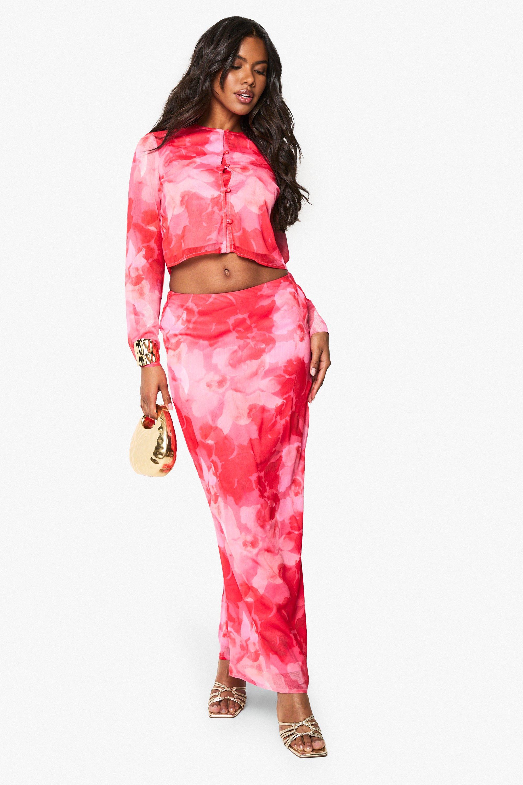 Boohoo Geweven Bloemenprint Maxi Rok, Pink