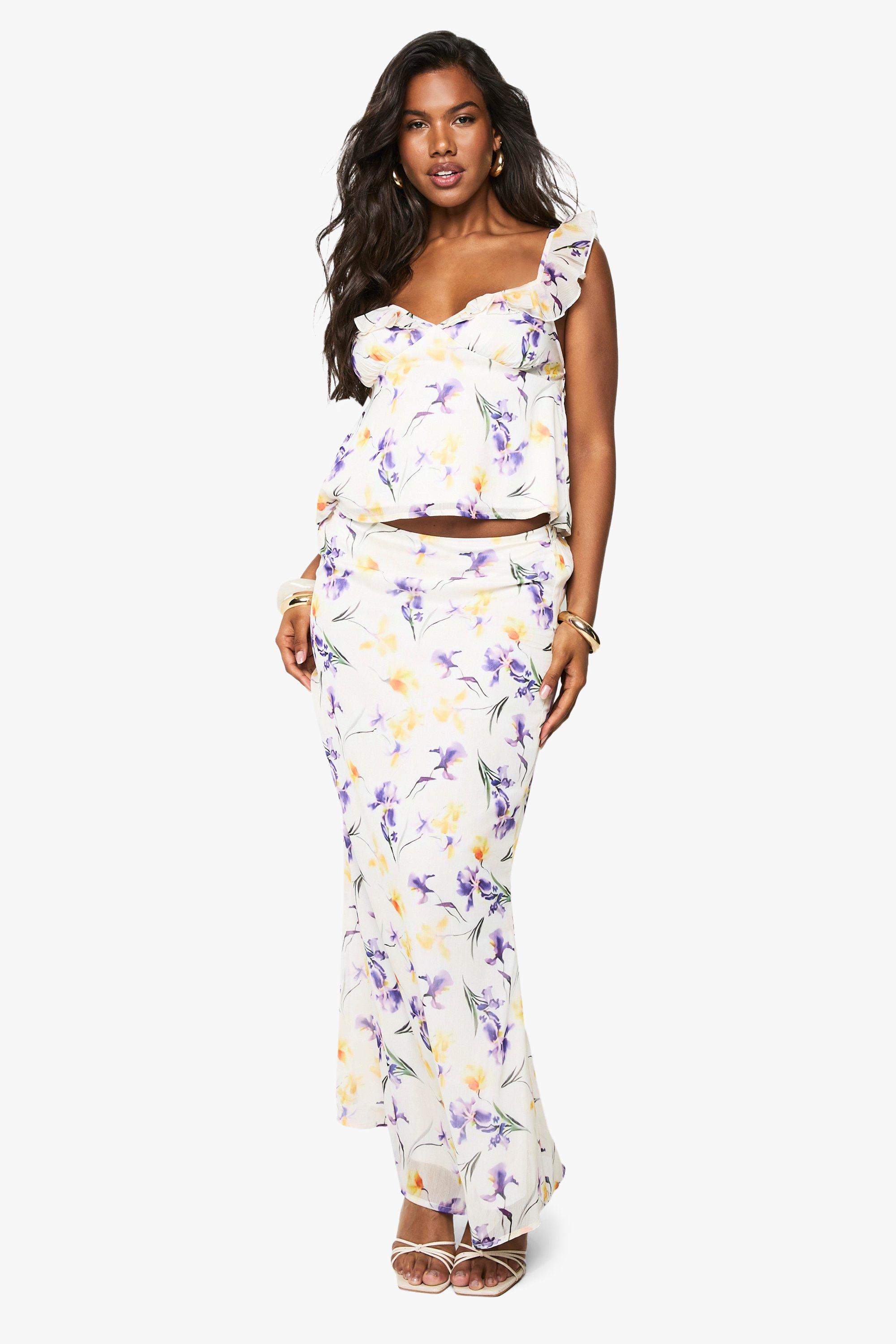 Boohoo Geweven Dobby Bloemenprint Maxi Rok, Ivory