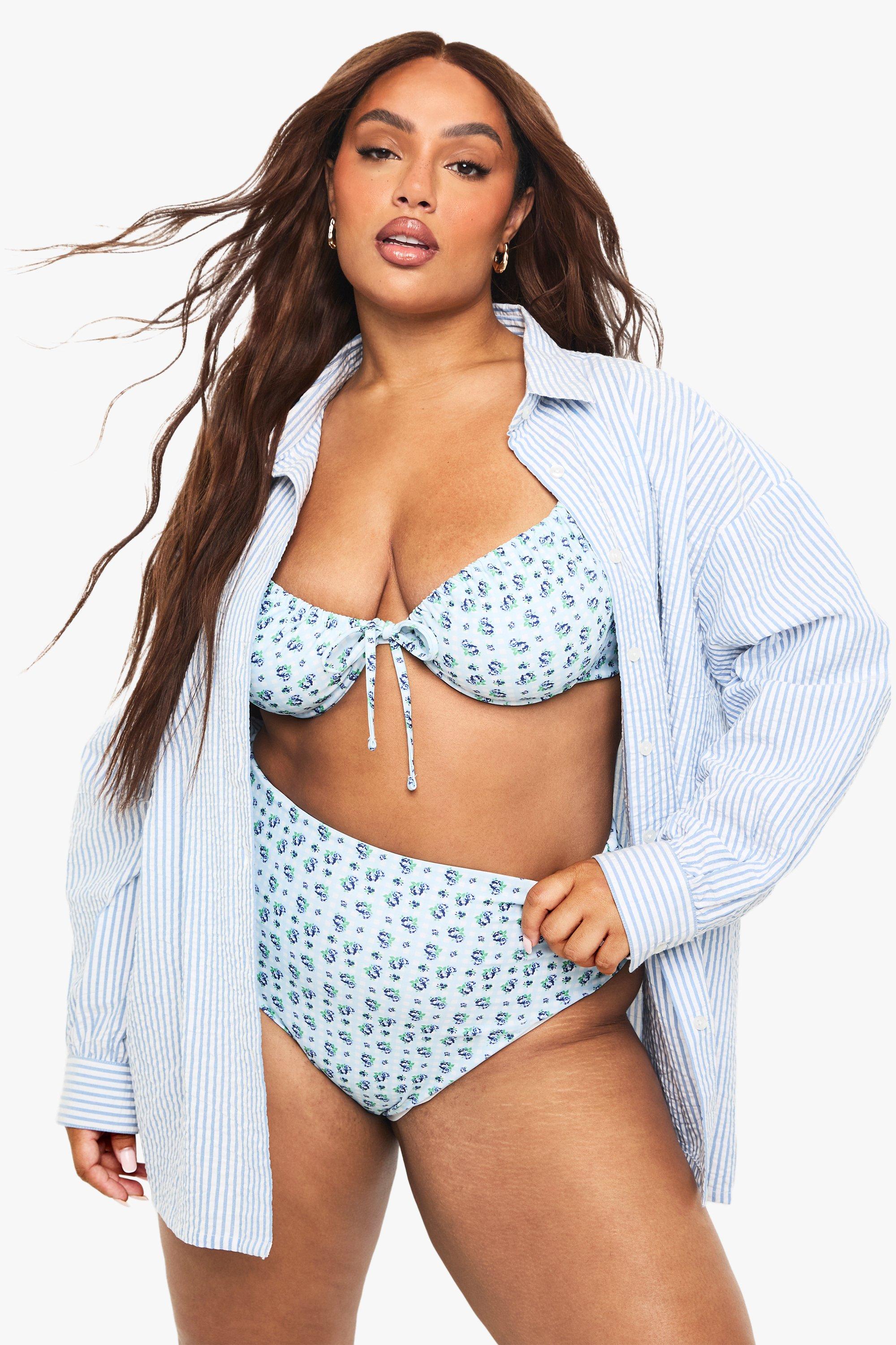 Boohoo Plus Gingham Bloemenprint High Waist Bikini Broekje Met Zijstrikjes, Baby Blue