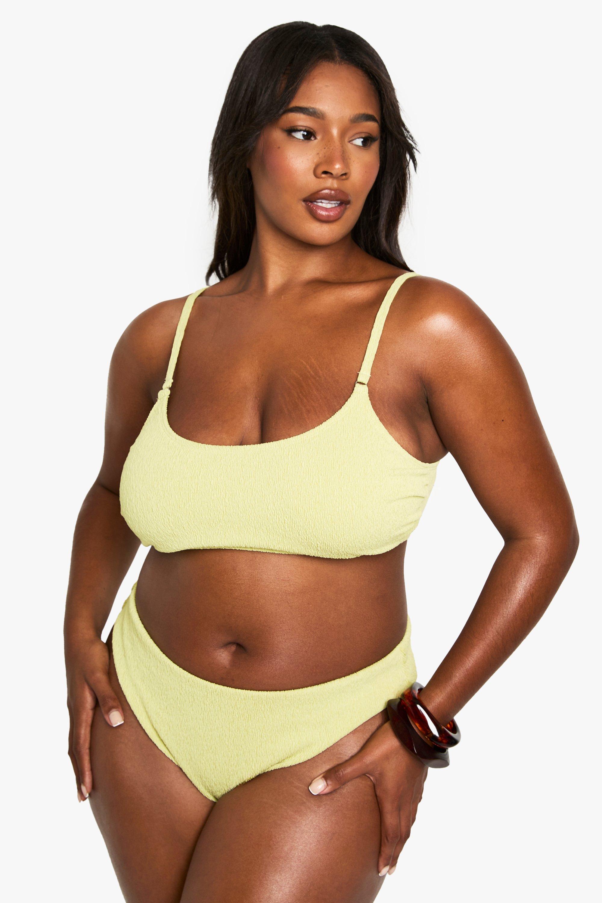 Boohoo Plus Gekreukelde Badmode Essentials Bikini Top Met Lage Ronde Hals, Olive