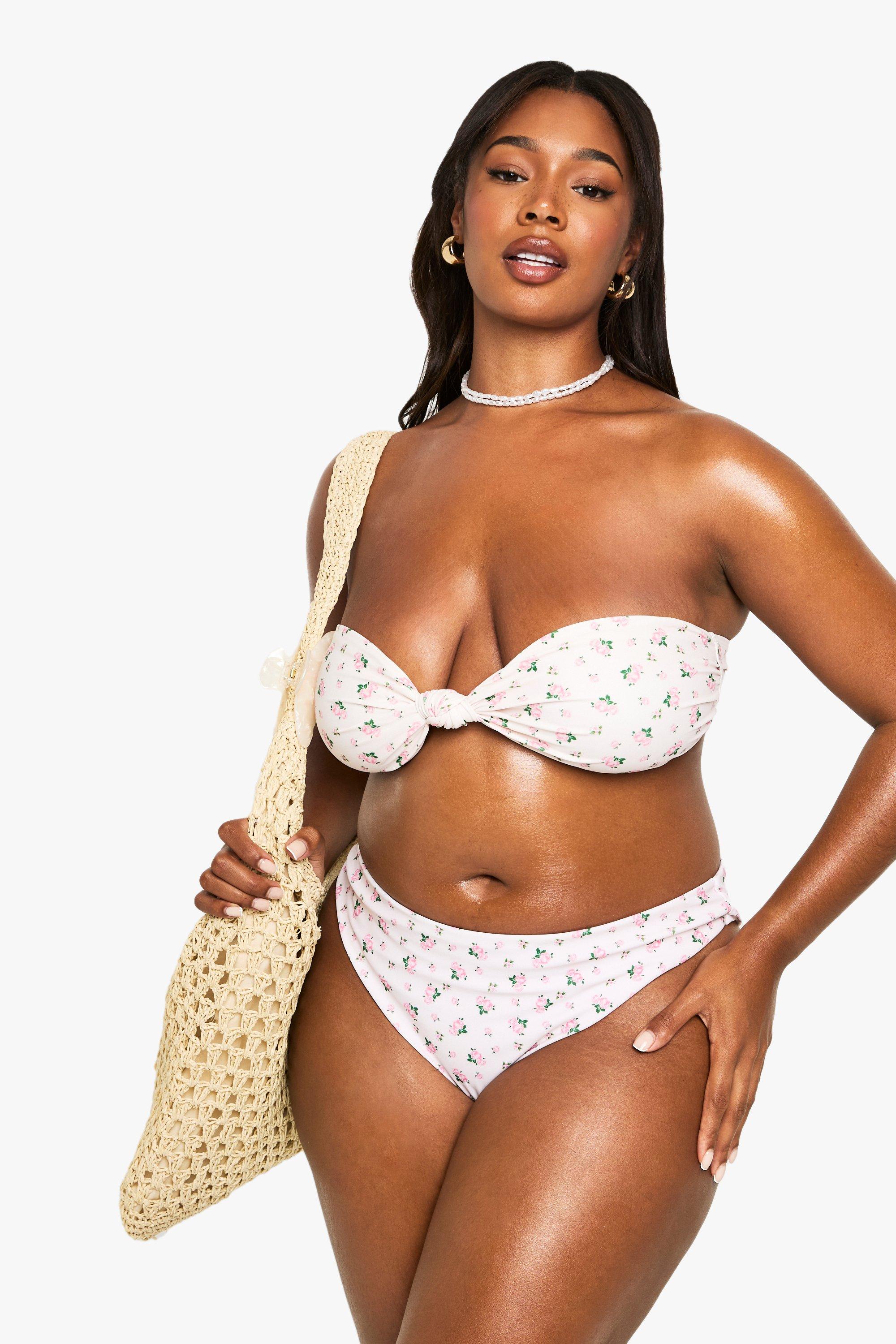 Boohoo Plus Geknoopte Bandeau Bikini Top Met Bloemenpatroon, Pink