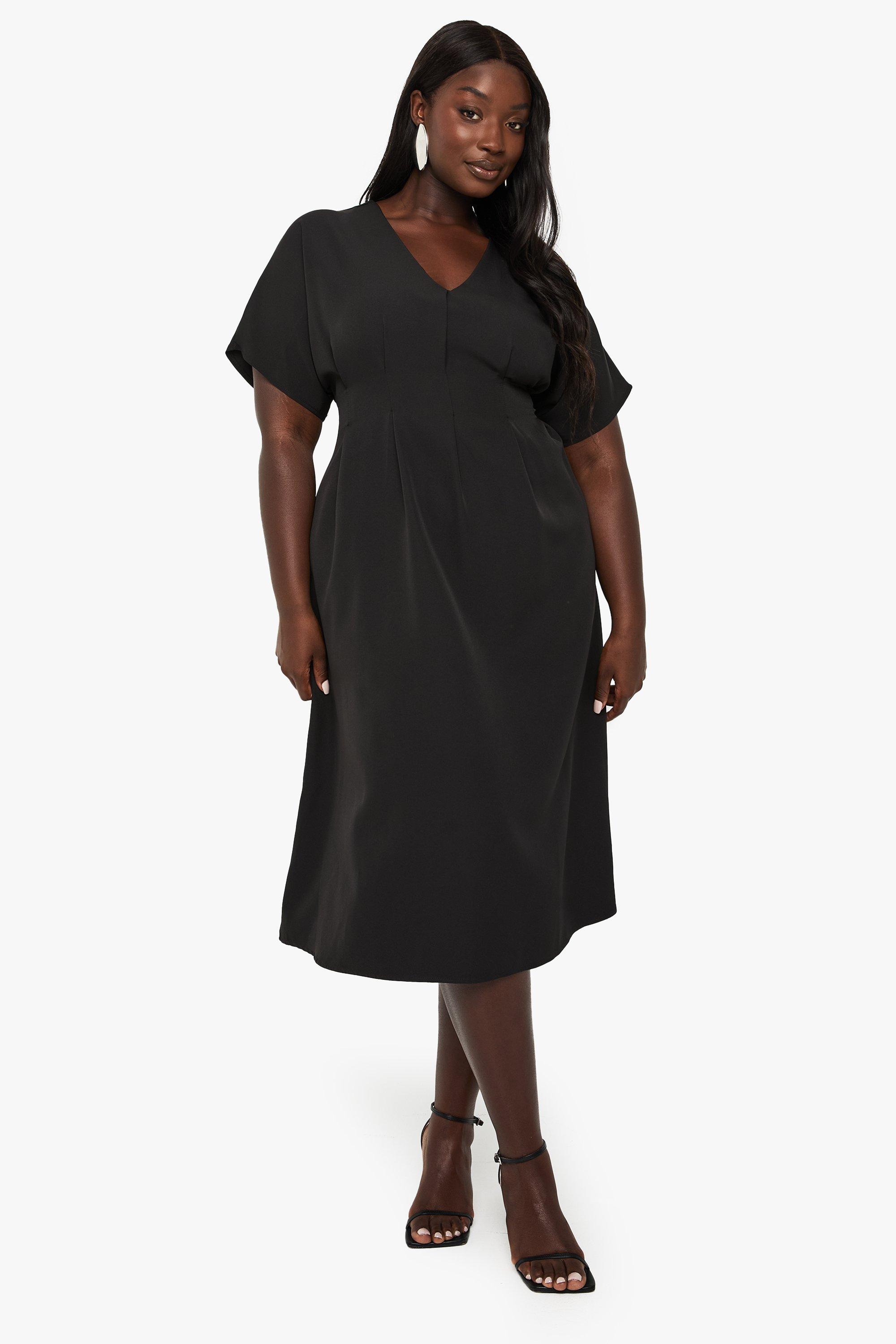 Boohoo Plus Geplooide Midi Jurk Met Lage Schouders, Black