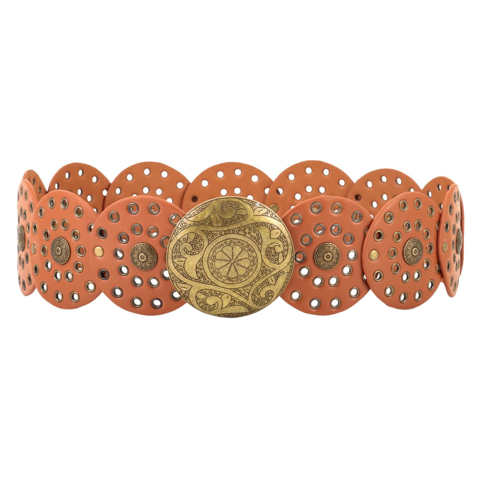 QDlihao Overdreven Cowboy Hollow Belt Y2K Wide Disc Belt Cowboy Wide Disc Belt Disc Belt voor dames Brown Red-B