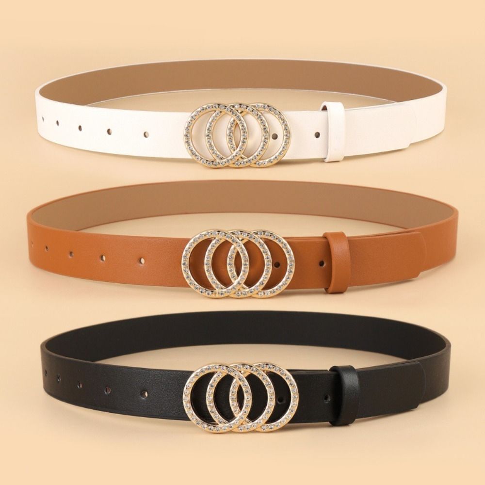 with Three Ring Leather Belt Luxury Design Waistband Casual Rhinestone Slide Buckle Belt  For Women wit
