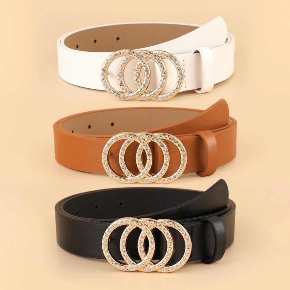 with Three Ring Rhinestone Slide Buckle Belt Luxury Design Thin Waist Strap  For Women wit