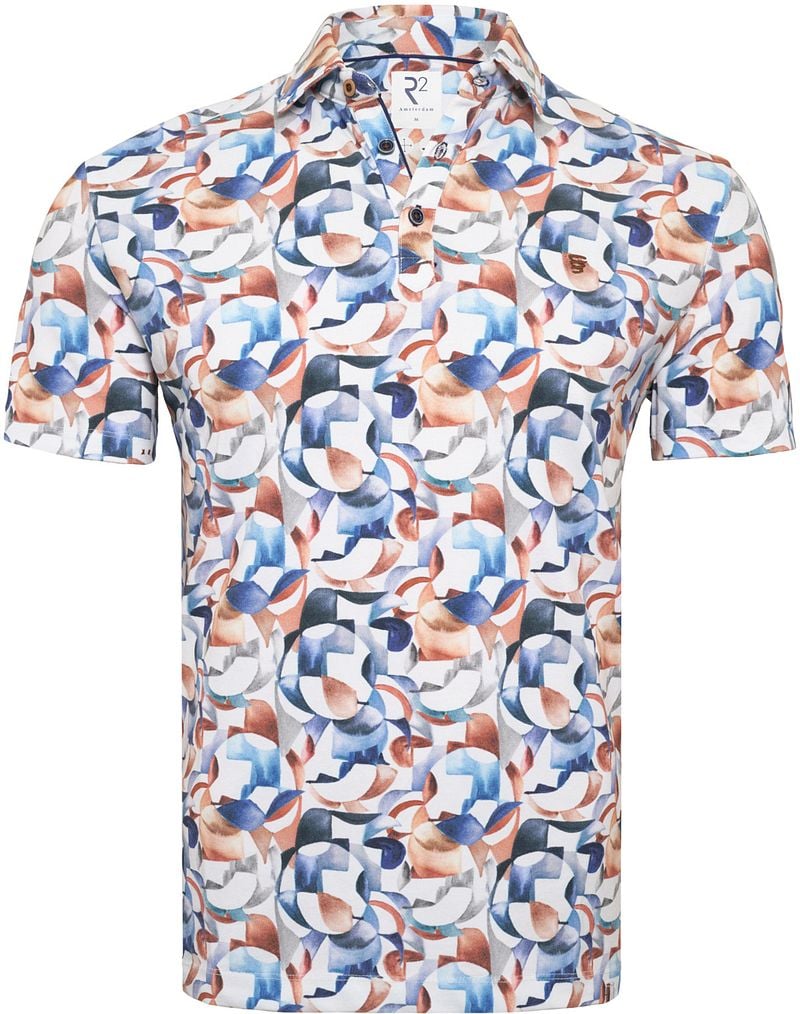 R2 Amsterdam Piqué Polo Graphical Print Blauw