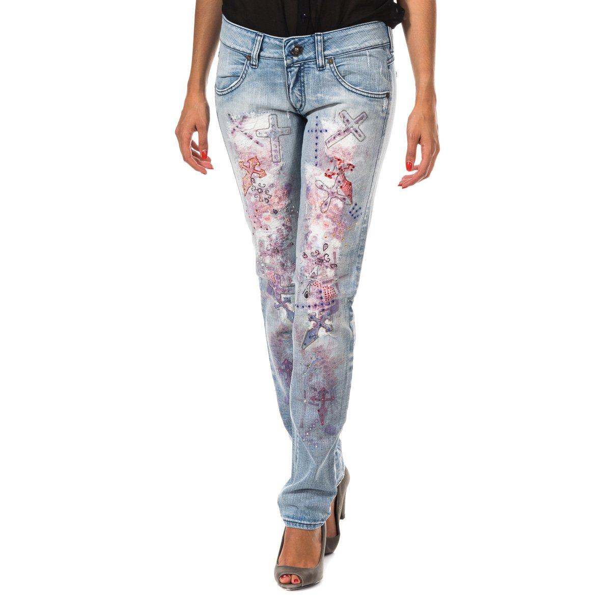Dames denim lange broek met gescheurd effect en smalle zomen F054176 24-USA blauw