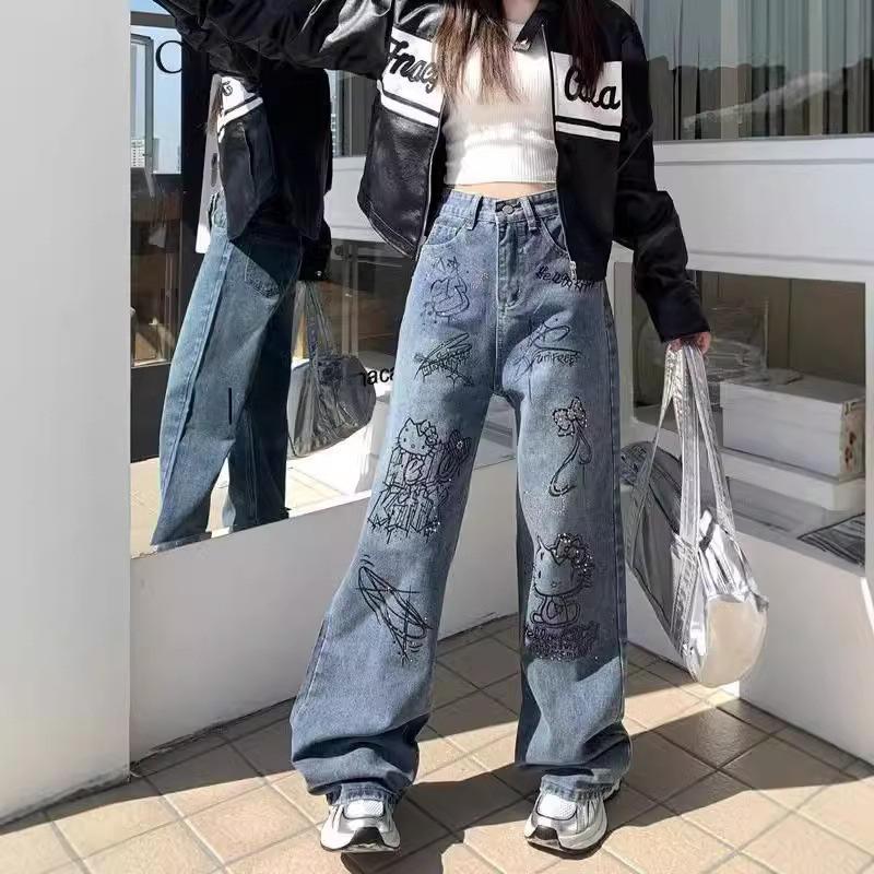 VantaGoods Dames High Waist Retro Graffiti Print Wide-Leg Jeans - Lente Slim Fit met Diamantaccenten L blauw