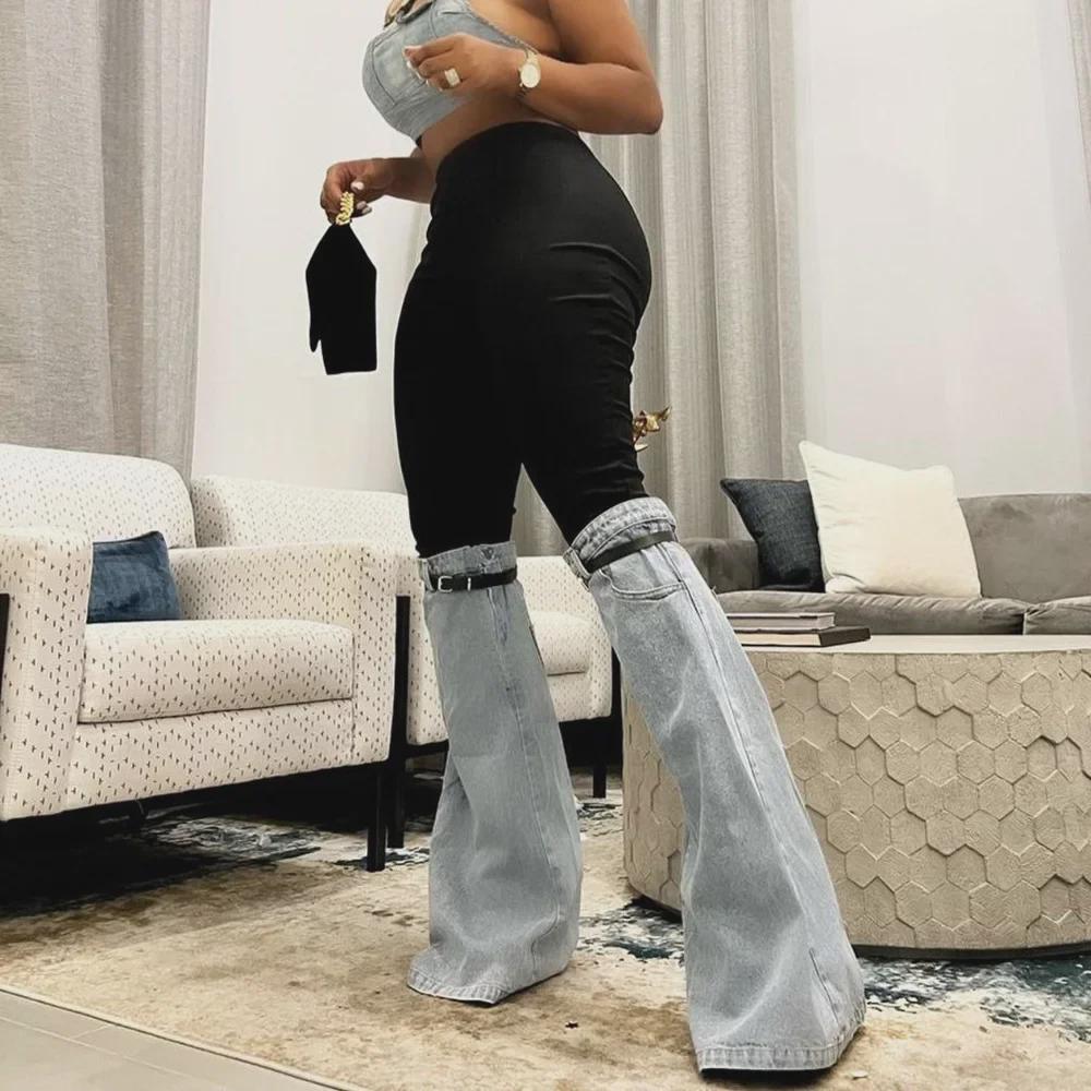 VantaGoods Europese en Amerikaanse dames flared broeken - 2025 herfst nieuw denim contrast design Extra Large lichtblauwe kleur