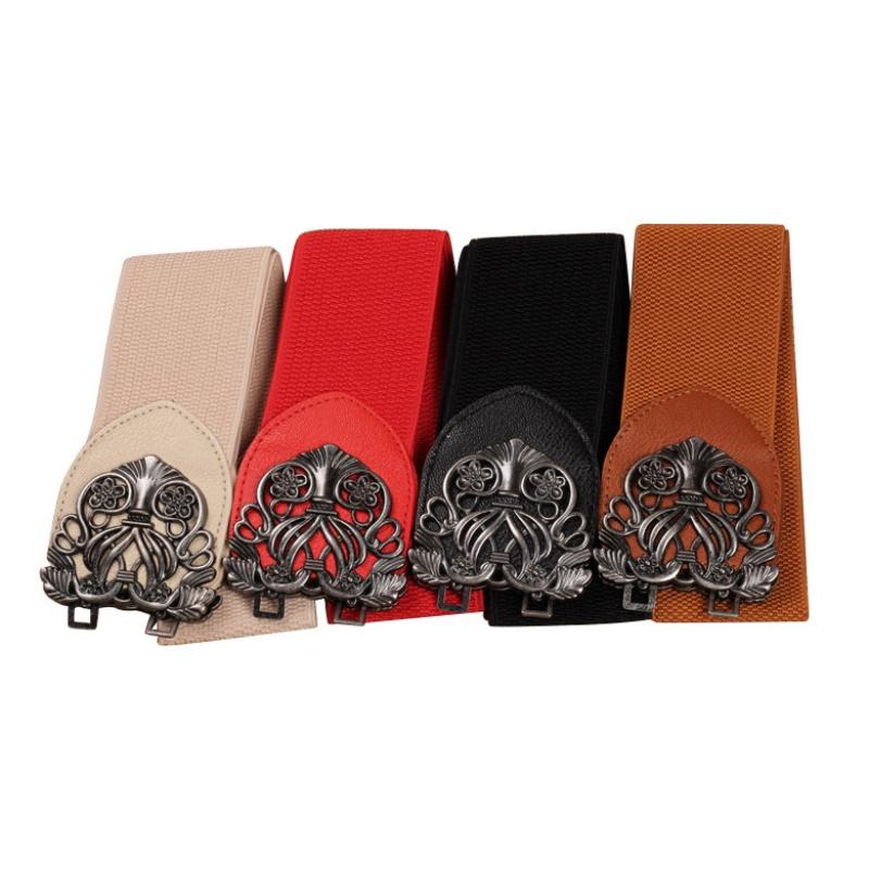BOOSKU Vrouwen riem uitsparing buikband pin gesp elastische riemen dames brede riem decoratie