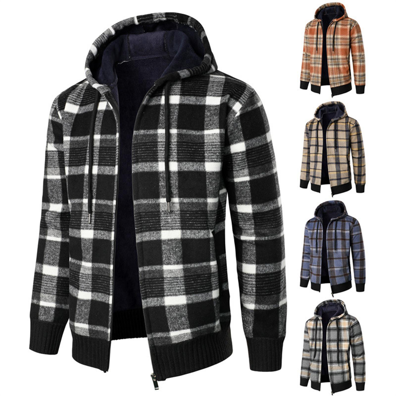 Ren Bag Herenjas met capuchon, pluche, geruit breiwerk met trekkoord, trui, warme effen kleur jassen, tops L zwart