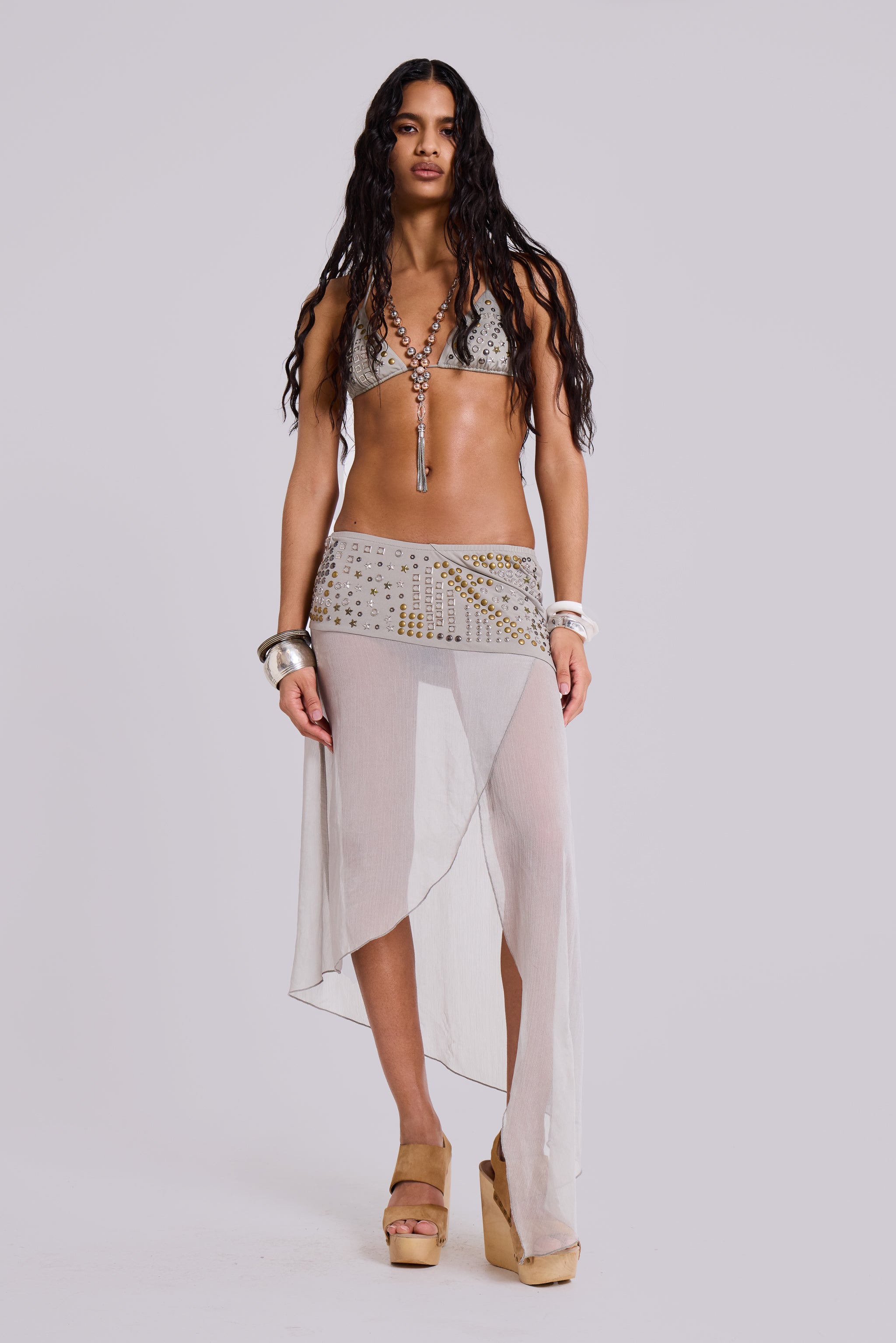 Jaded London Xtal Studded Chiffon Midi Skirt