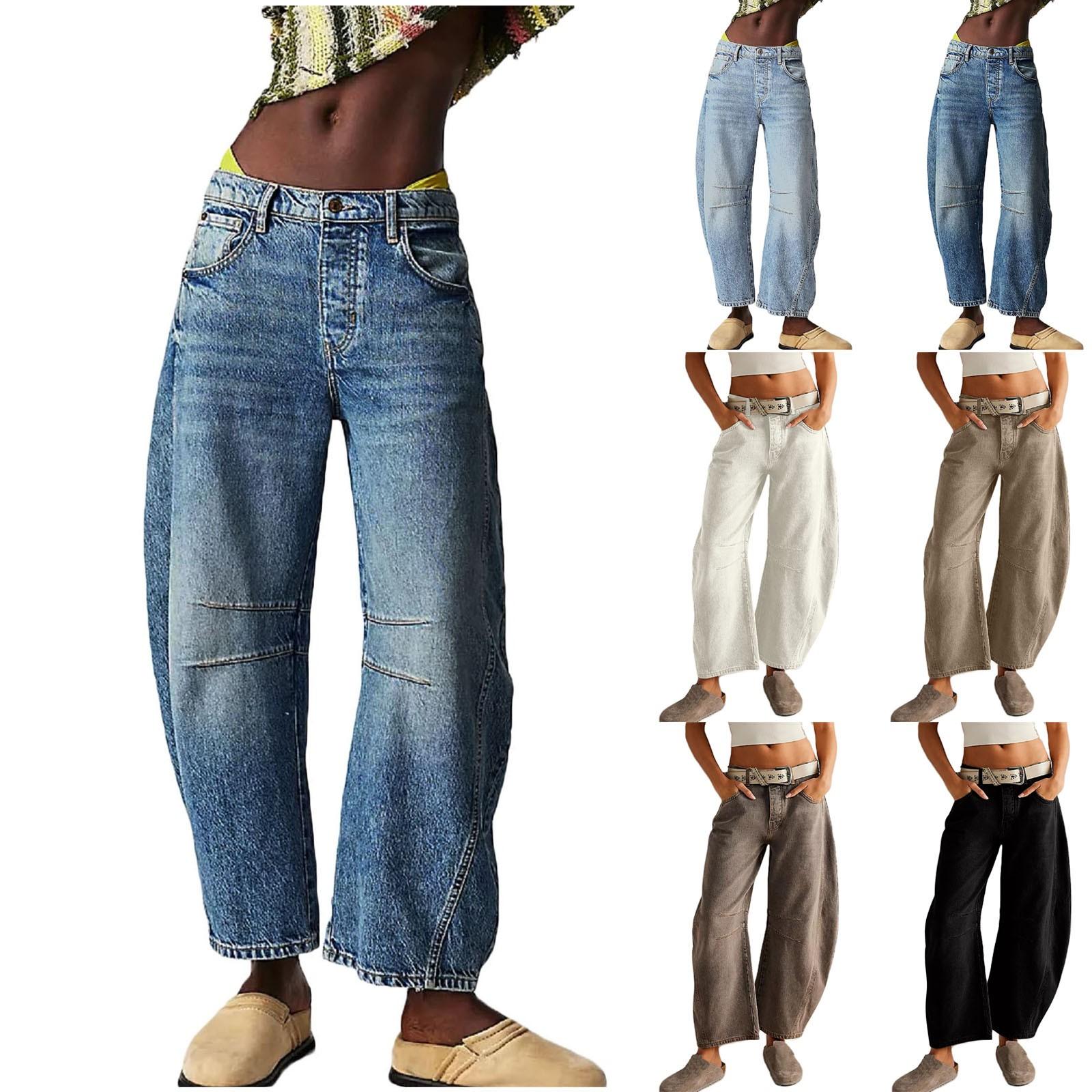 Wang jun Vrouwen Baggy Mid Waist Jeans Wijde Pijpen Losse Boyfriend Denim Broek Rechte Pijpen Cropped Barrel Jeans L zwart
