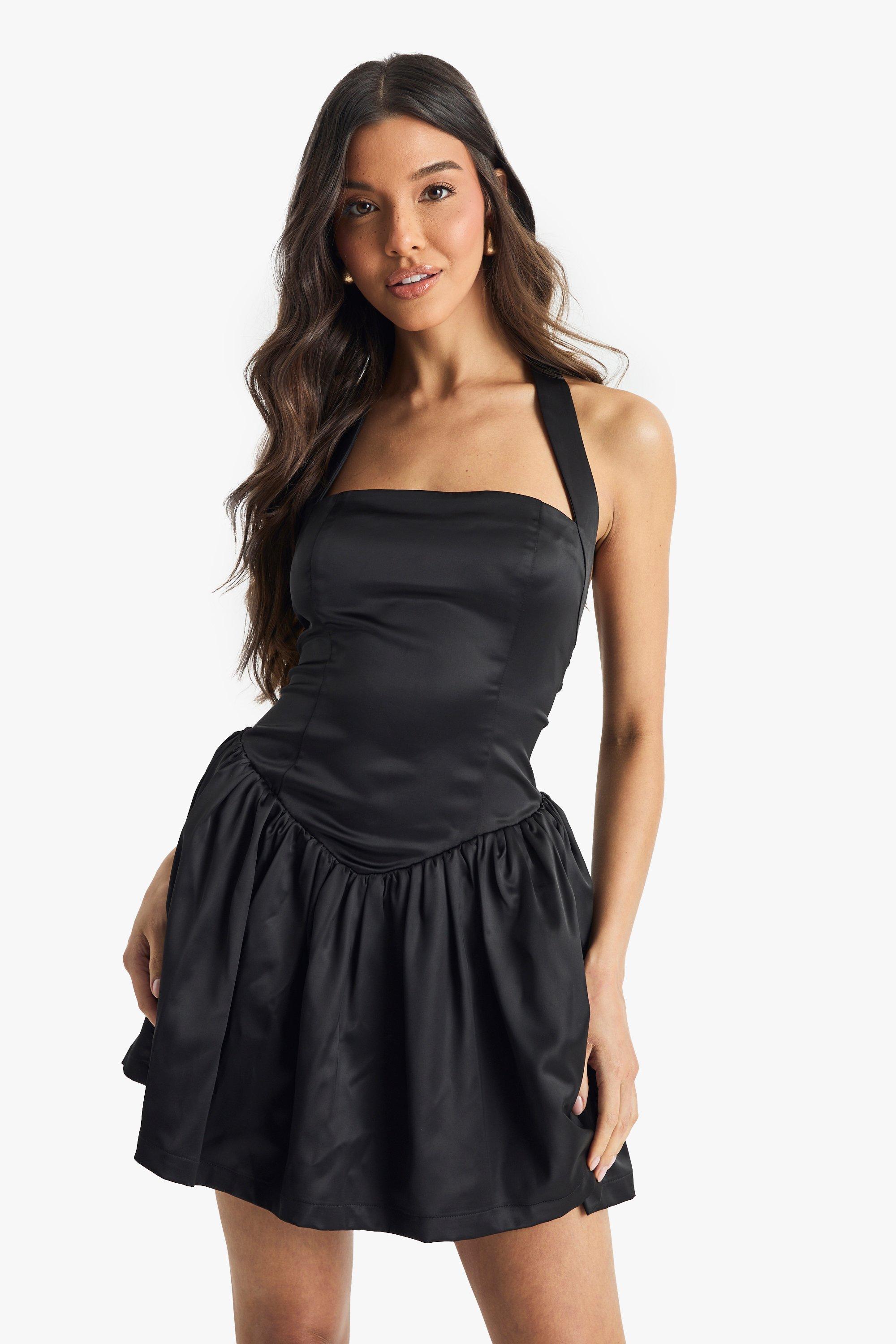 Boohoo Satijnen Mini Jurk Met Halter Neck, Drop Waist Volume, Black