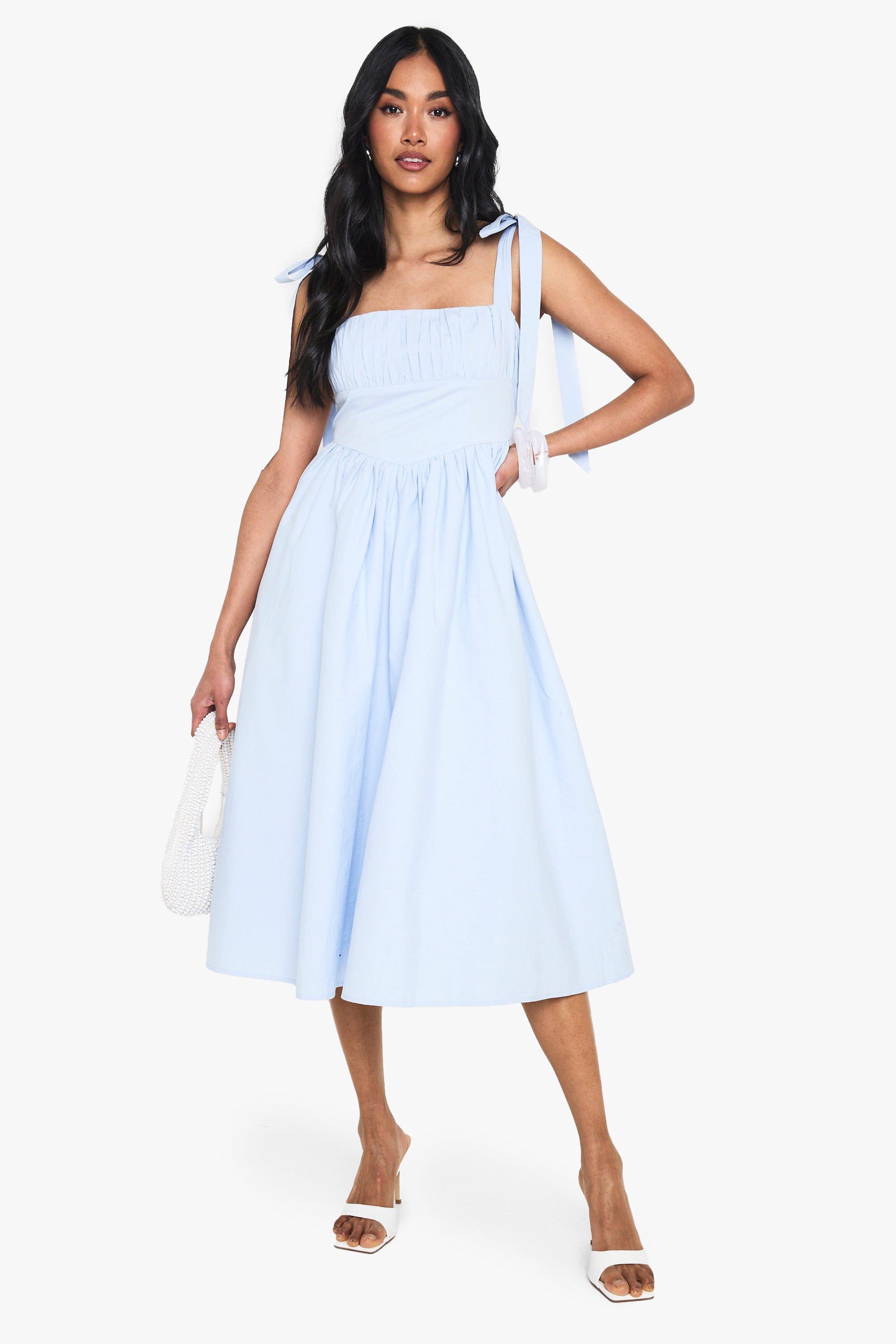 Boohoo Katoenen Midi Jurk Met Geplooide Buste En Schouderstrikjes, Light Blue
