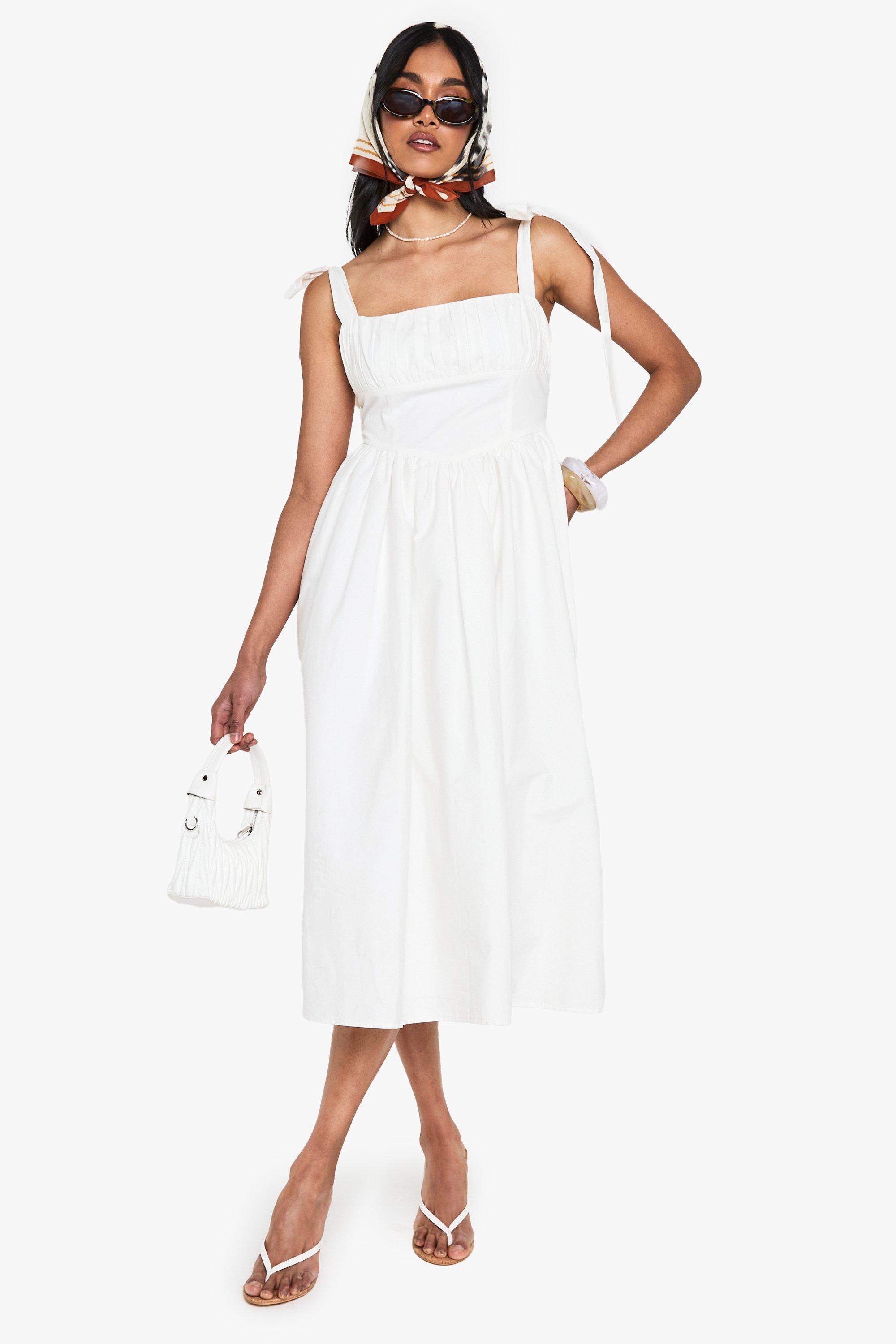 Boohoo Katoenen Midi Jurk Met Geplooide Buste En Schouderstrikjes, White