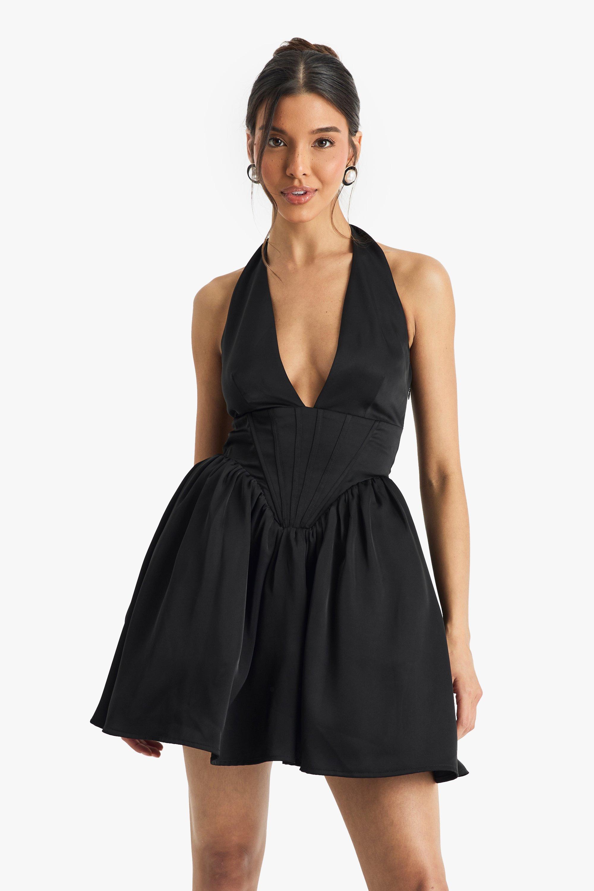 Boohoo Satijnen Halter Volume Mini Jurk Met Halter Neck, Black