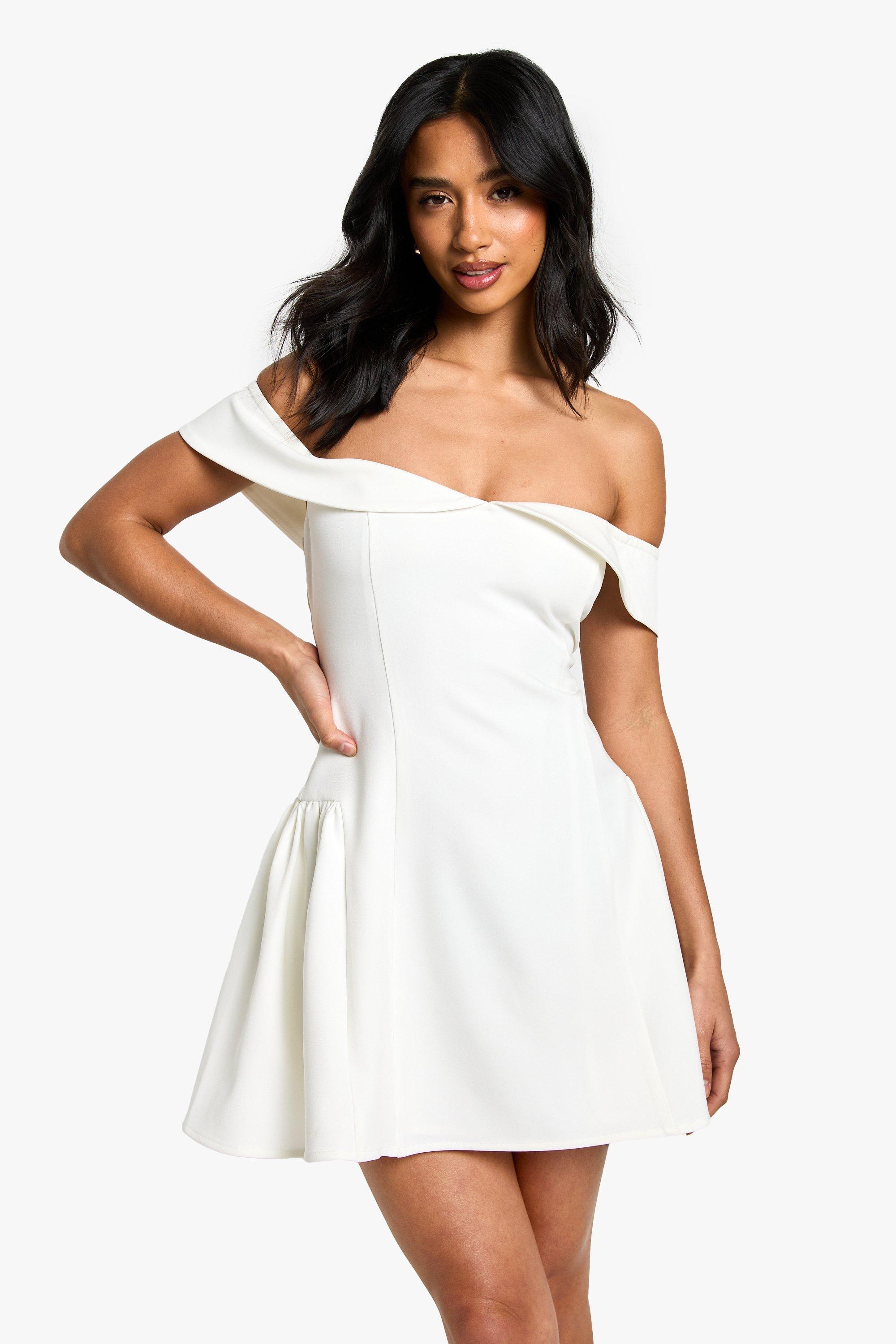 Boohoo Petite Off Shoulder Foldover Skater Jurk, Ivory