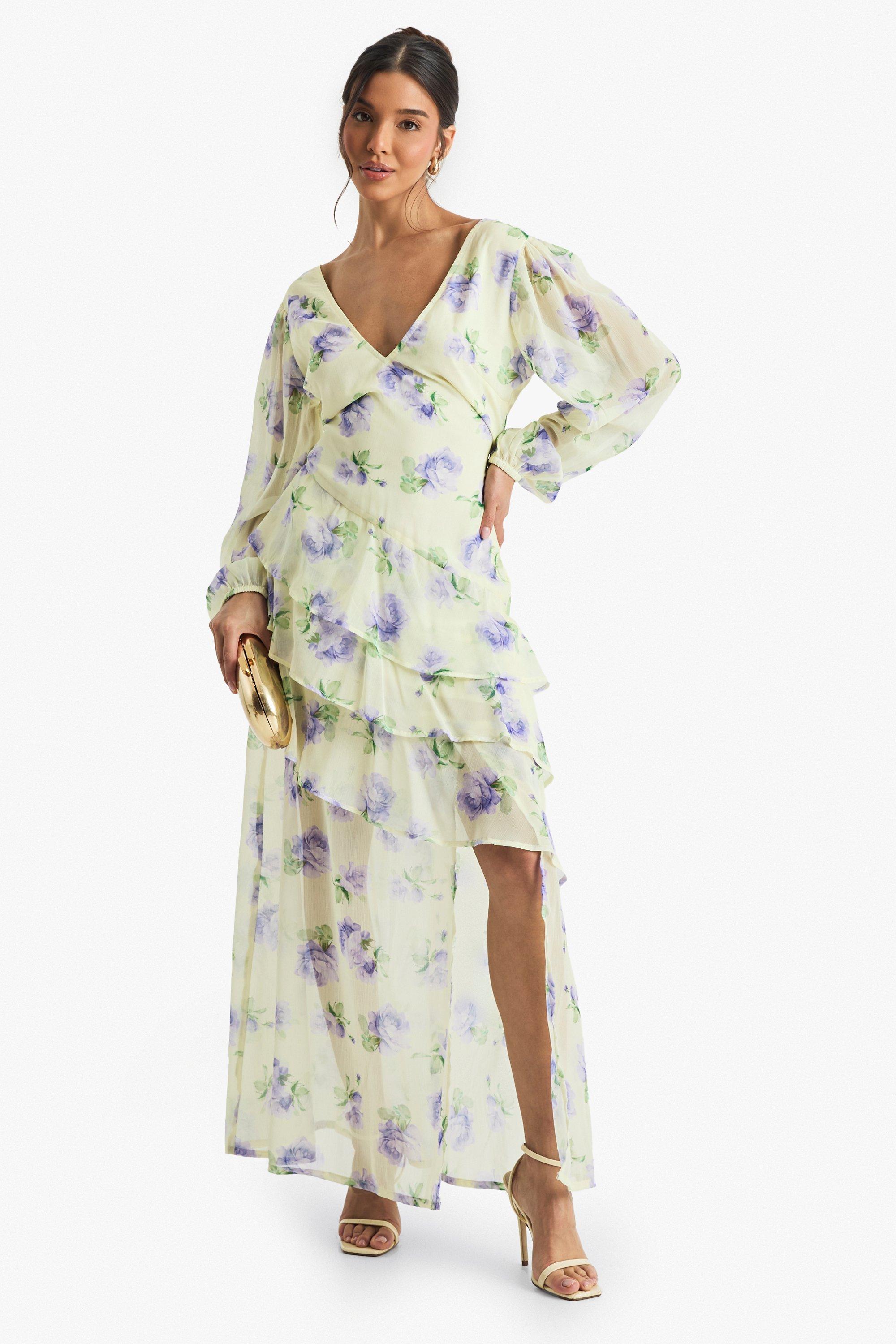Boohoo Dobby Bloemen Maxi Jurk Met Franjes, Lemon