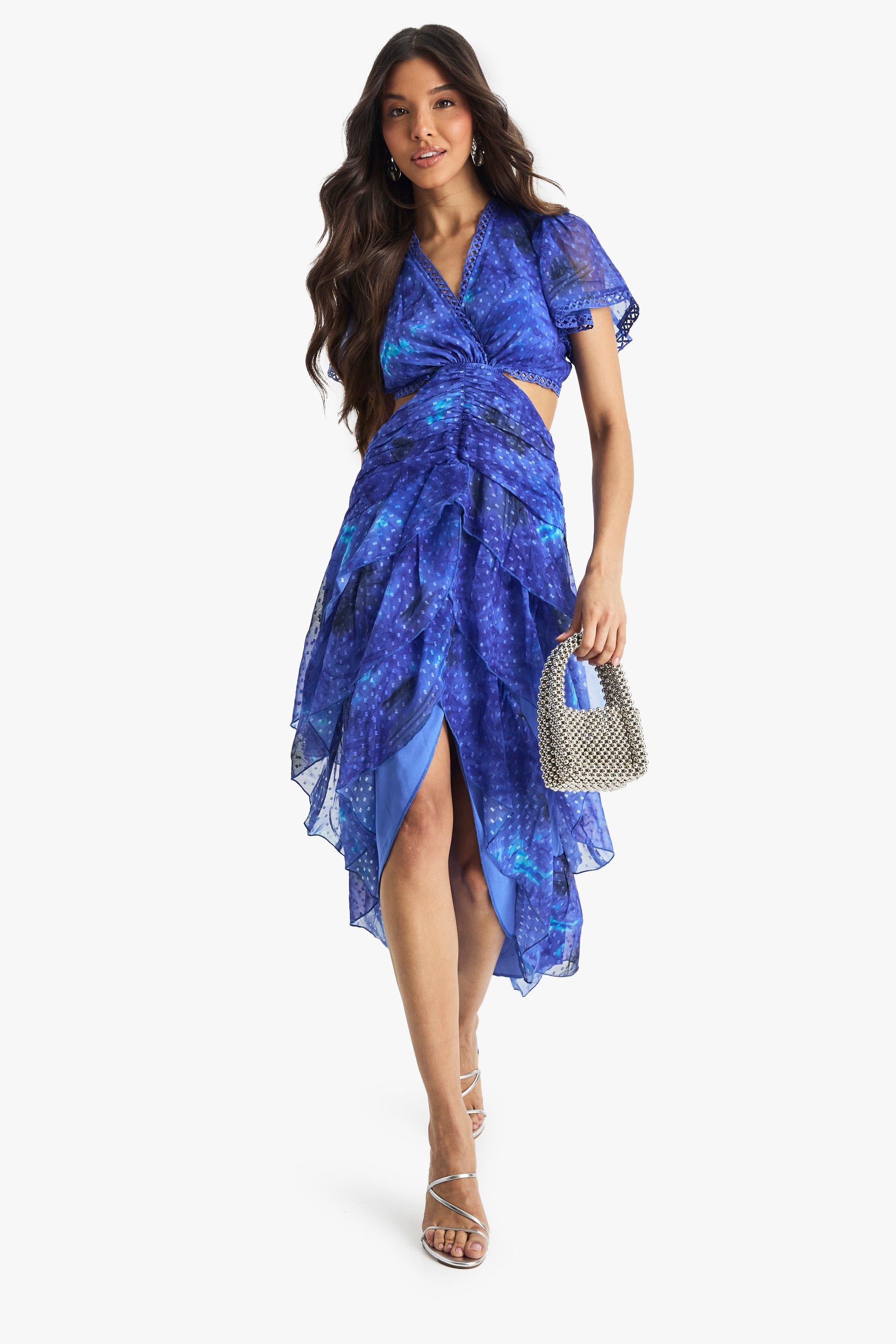 Boohoo Dobby Bloemen Midaxi Jurk Met Ruches, Blue