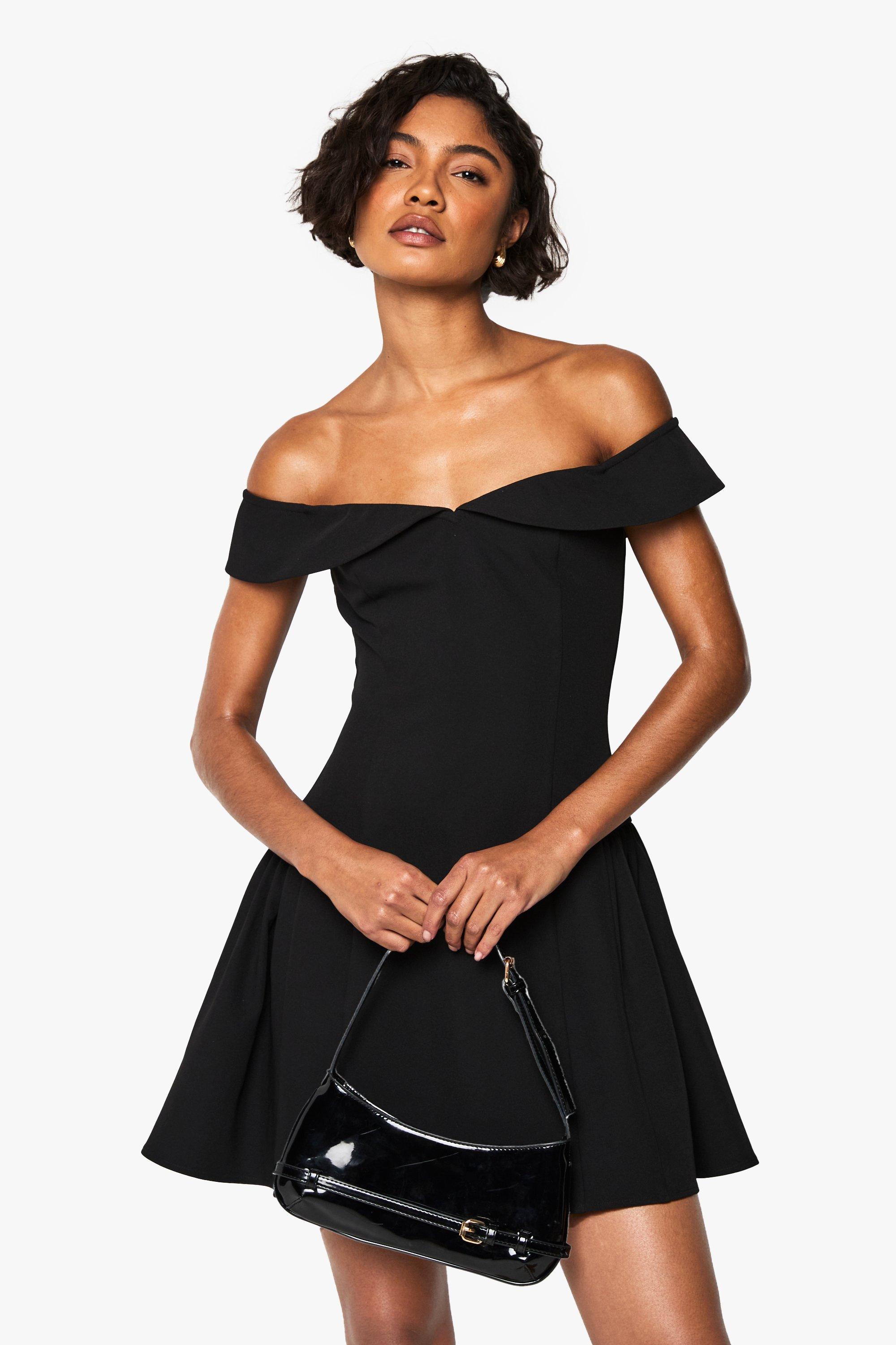 Boohoo Tall Skater Jurk Met Uitgesneden Hals En Vouw, Black