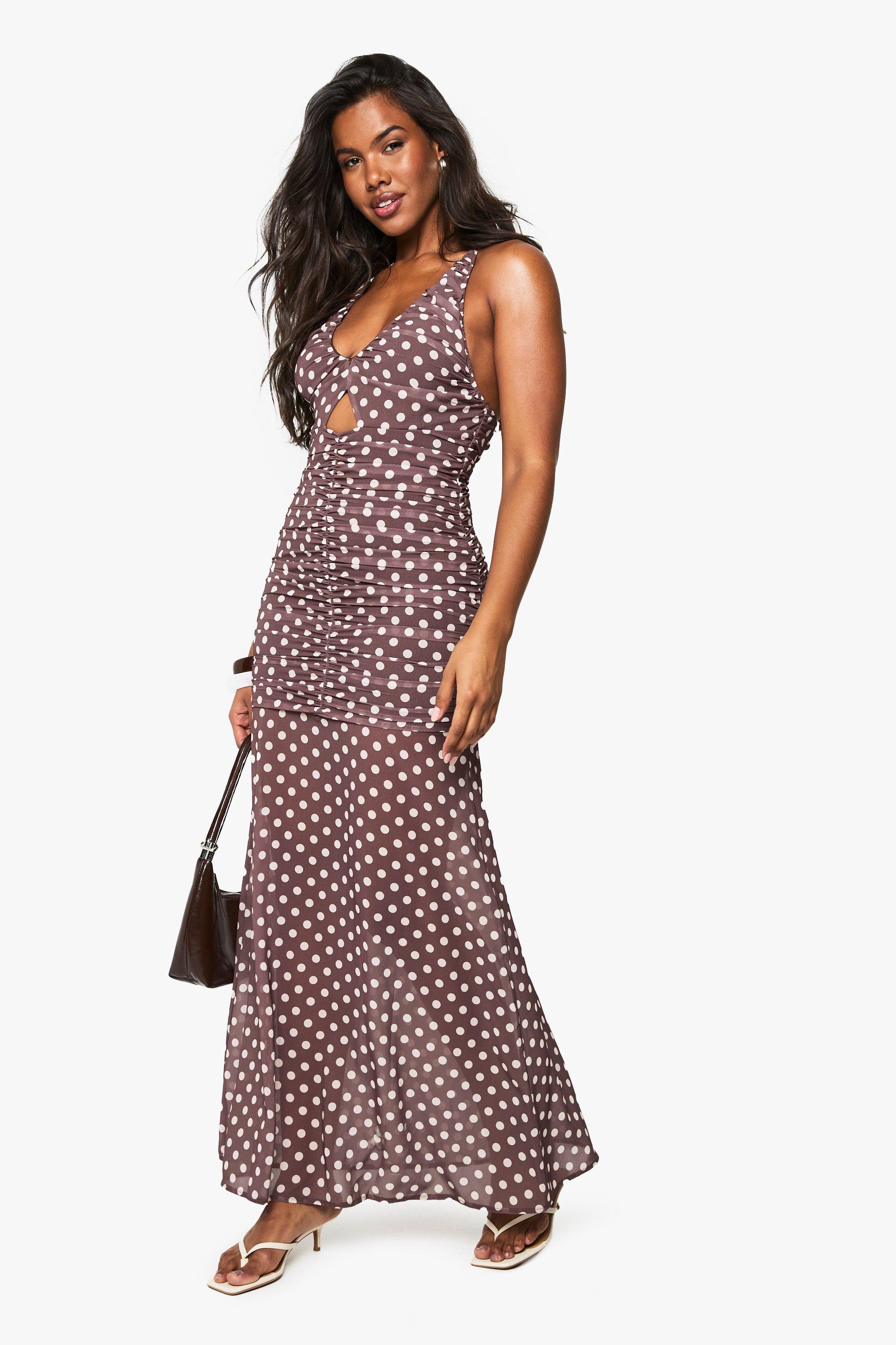 Boohoo Strapless Chiffon Midaxi Jurk Met Stippen, Chocolate
