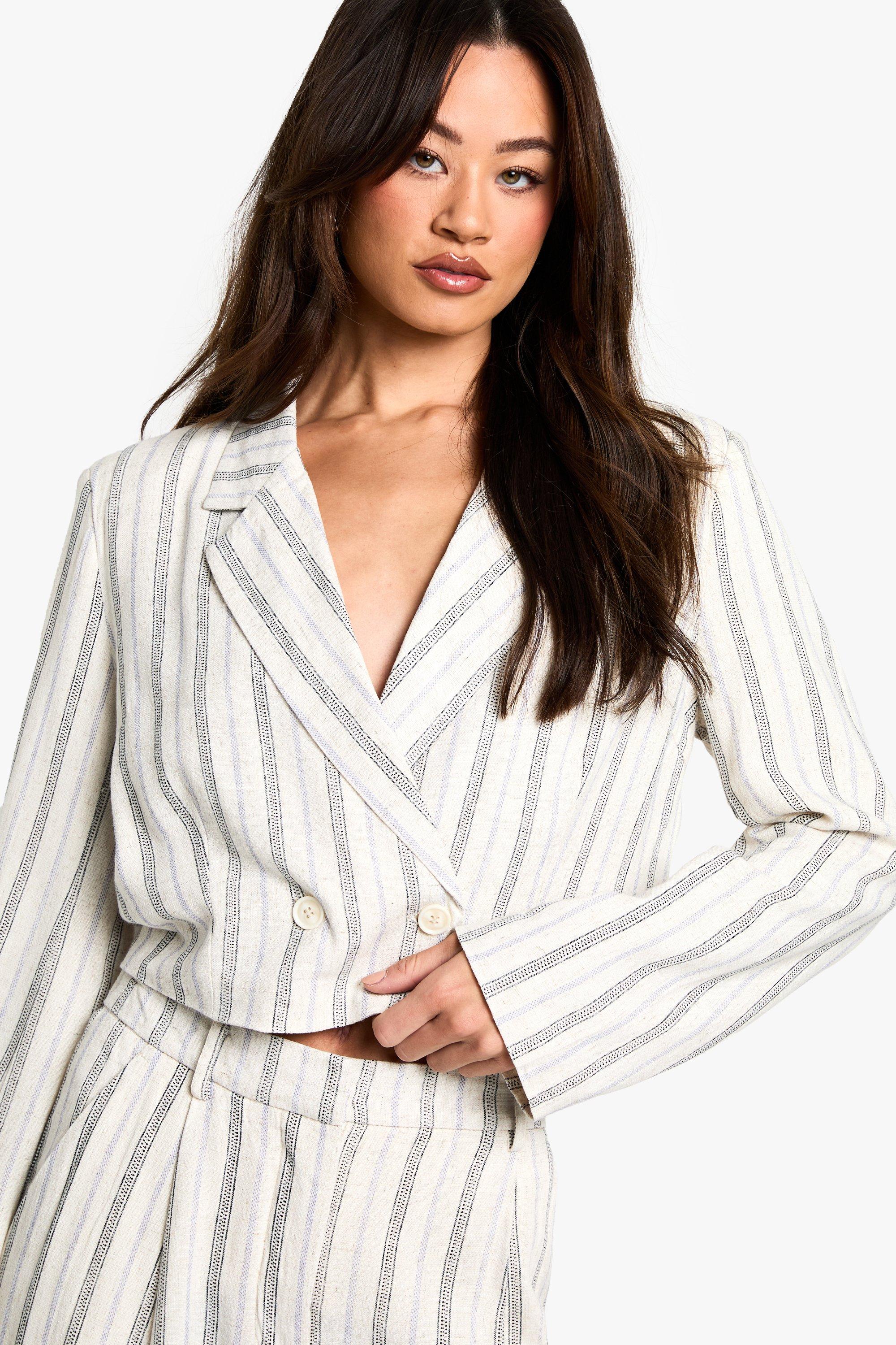Boohoo Tall Korte Gestreepte Linnen Look Blazer, Ivory