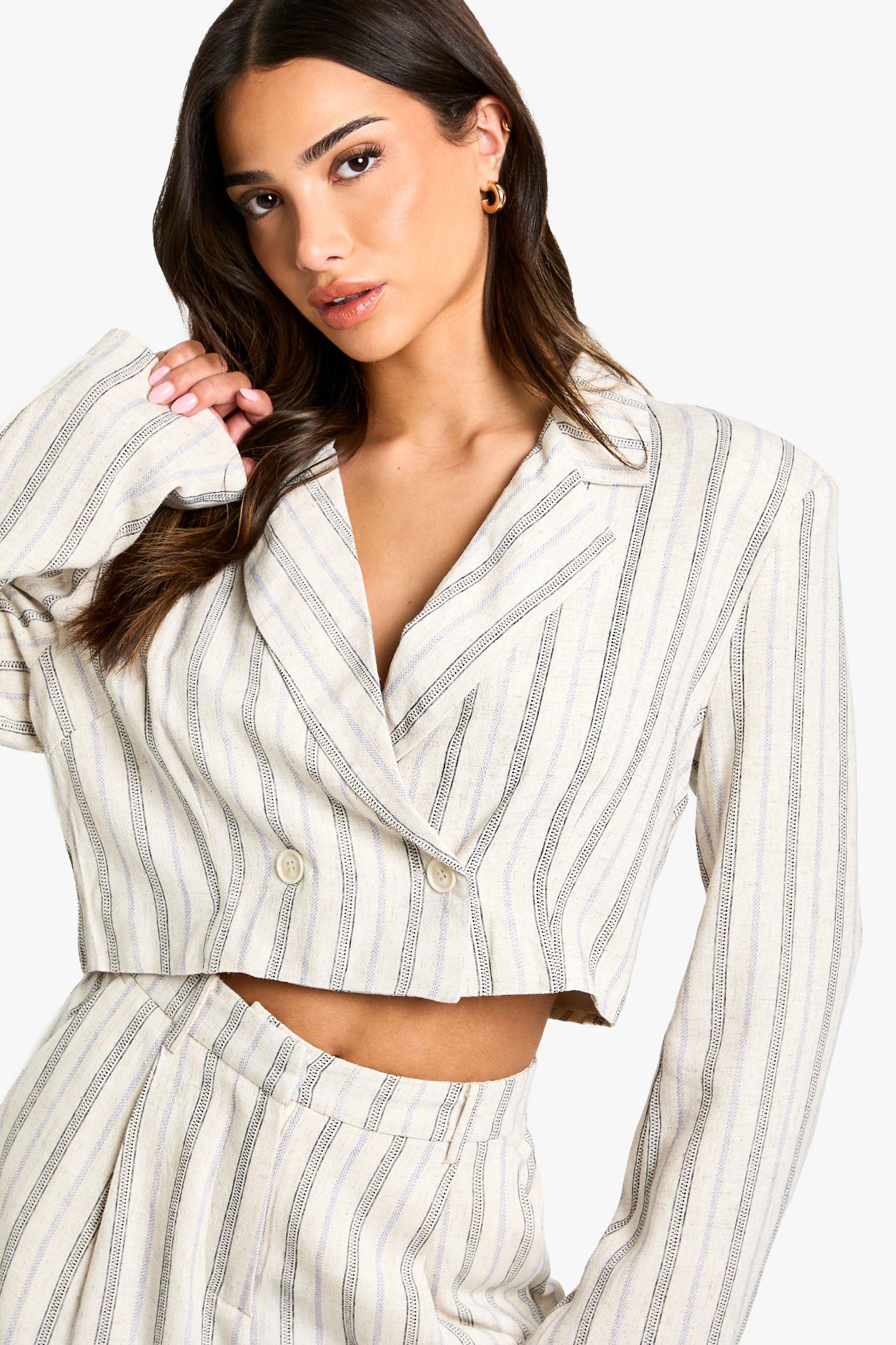 Boohoo Petite Korte Gestreepte Linnen Look Blazer, Ivory