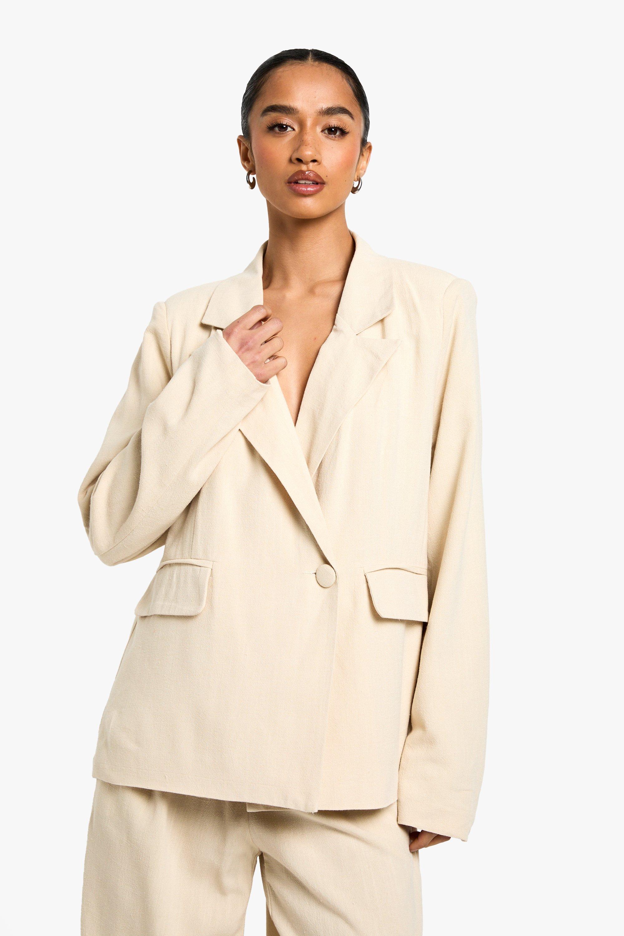 Boohoo Petite Linnen Look Blazer Met Geplooide Taille, Ecru